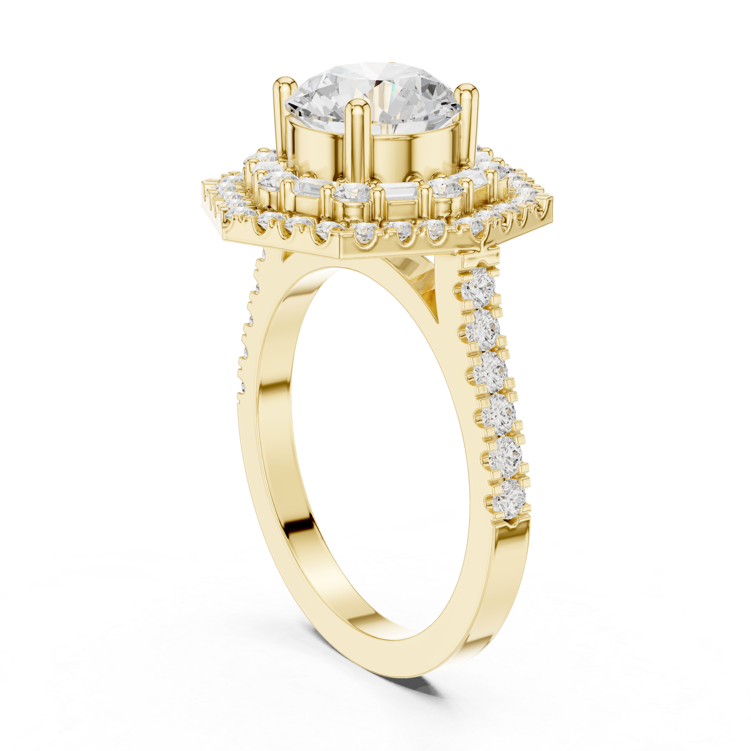 Round center diamond ring with double halo of round and baguette diamonds