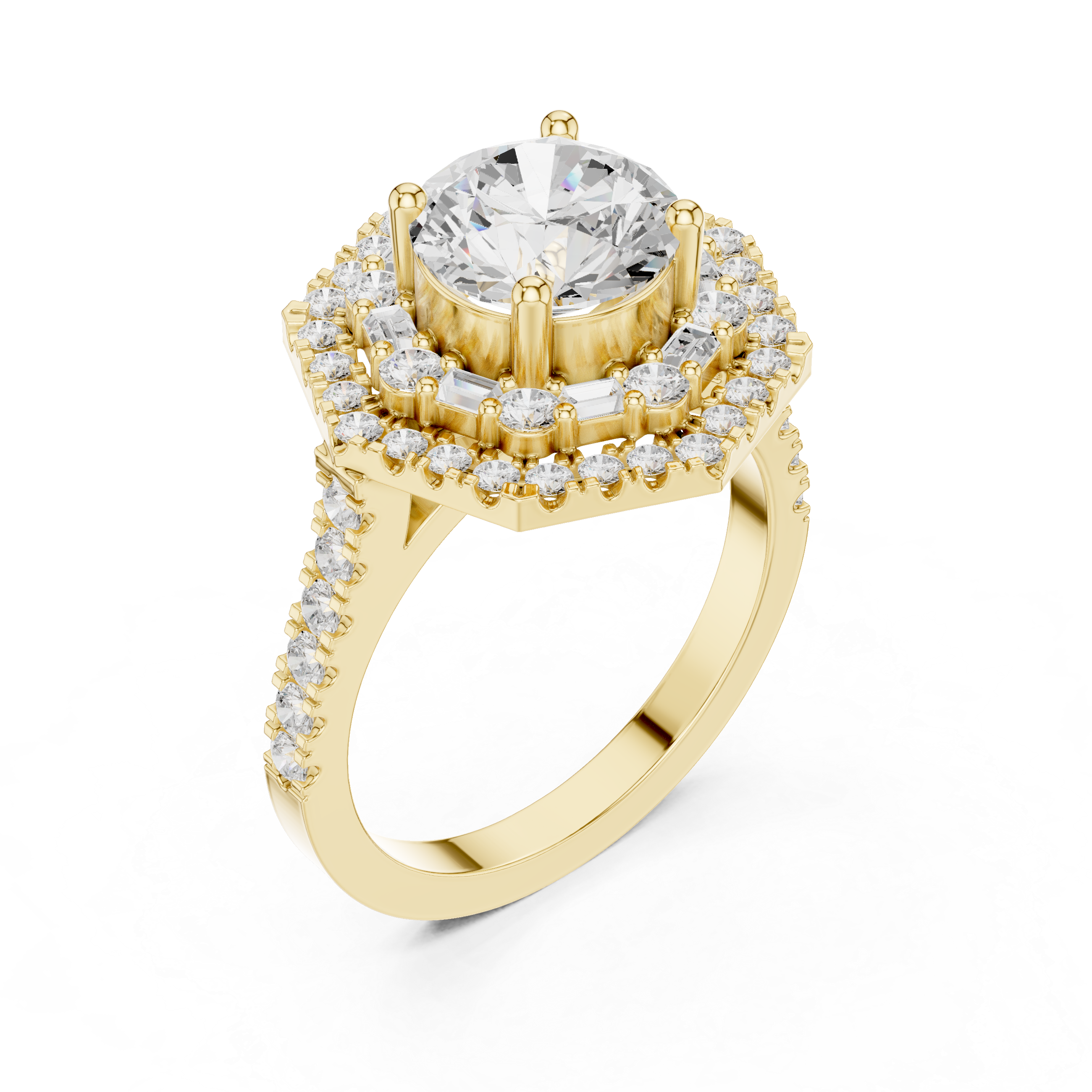 Round center diamond ring with double halo of round and baguette diamonds