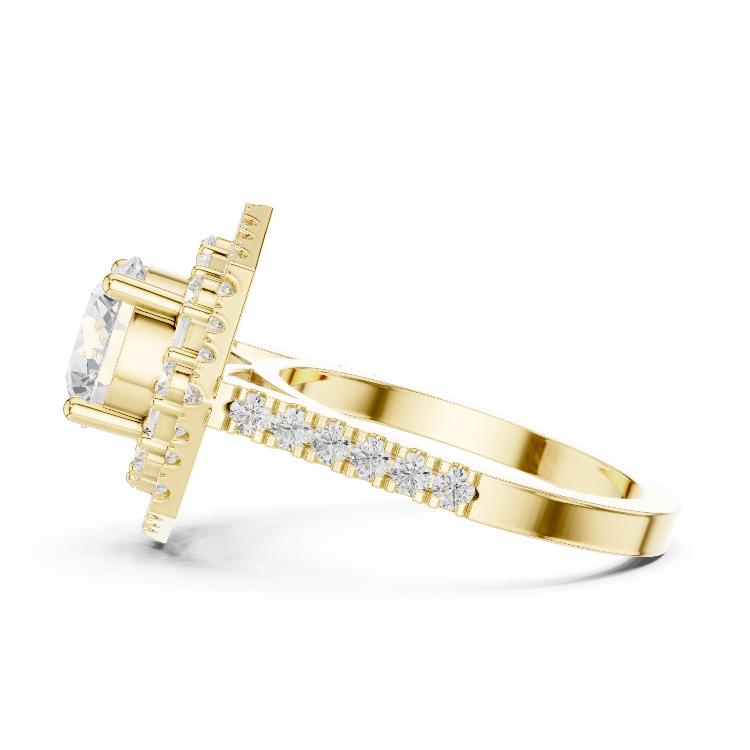 Round center diamond ring with double halo of round and baguette diamonds