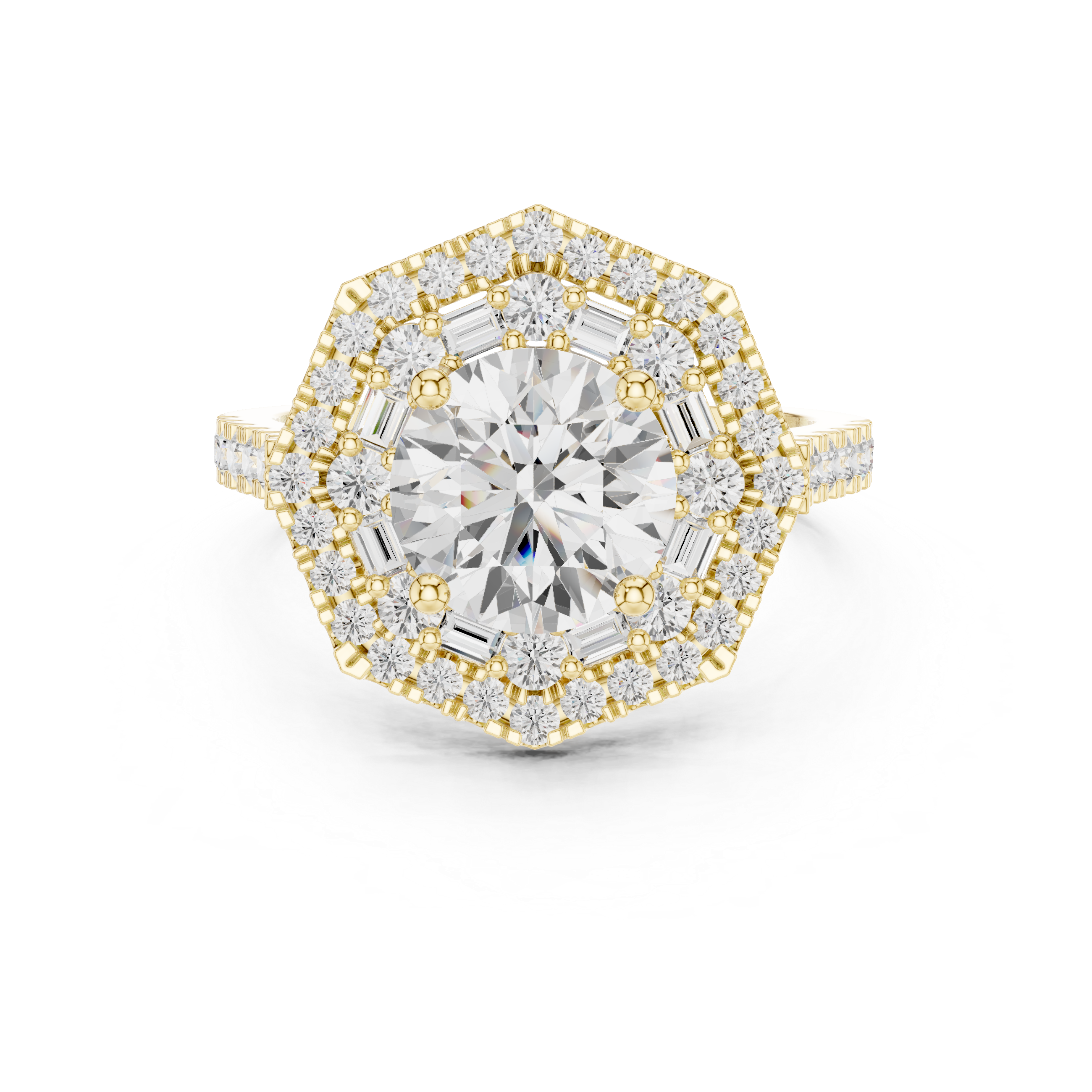 Round center diamond ring with double halo of round and baguette diamonds