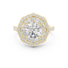 Round center diamond ring with double halo of round and baguette diamonds
