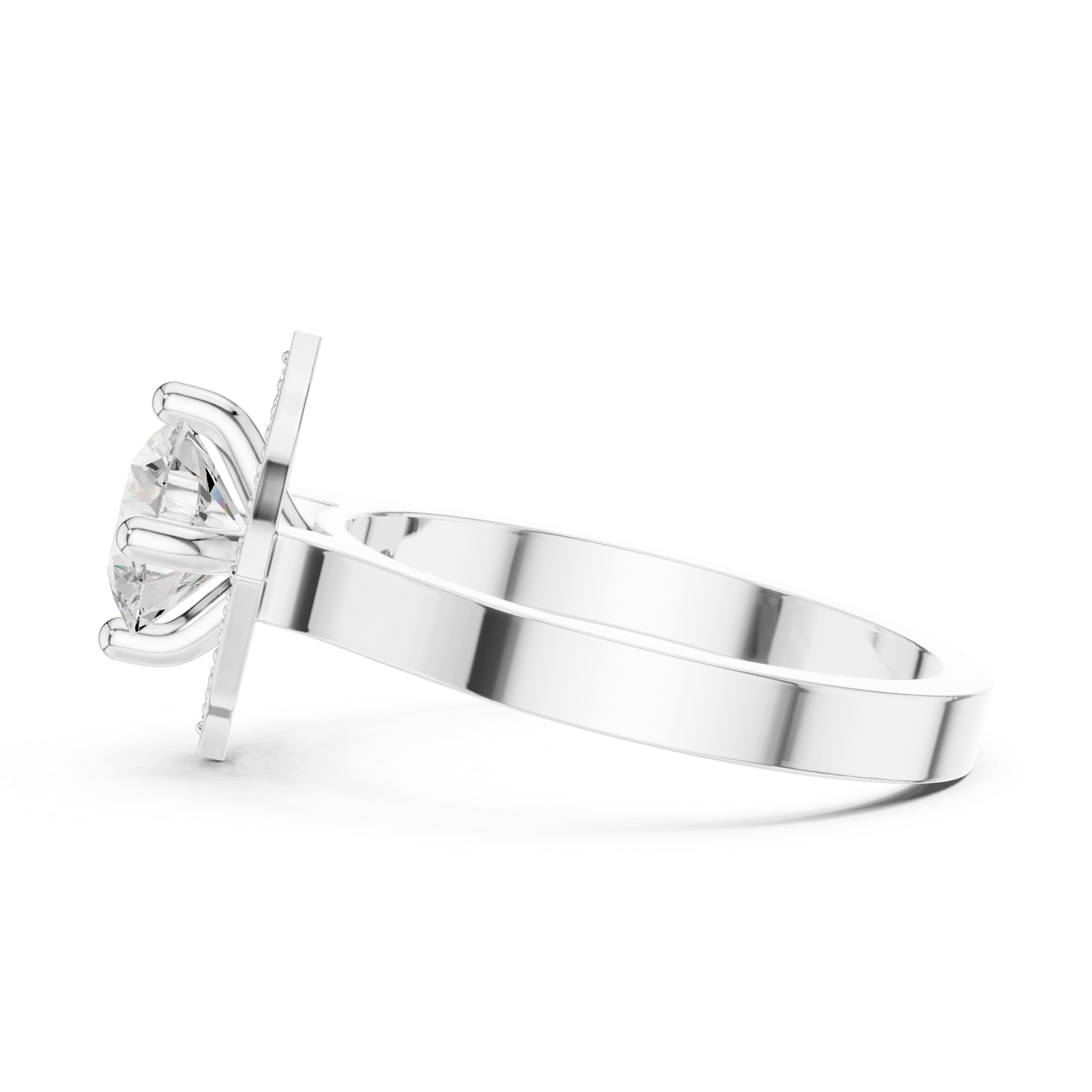 Round center diamond ring with diamond halo in a quatrefoil-inspired design