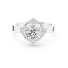 Round center diamond ring with diamond halo in a quatrefoil-inspired design
