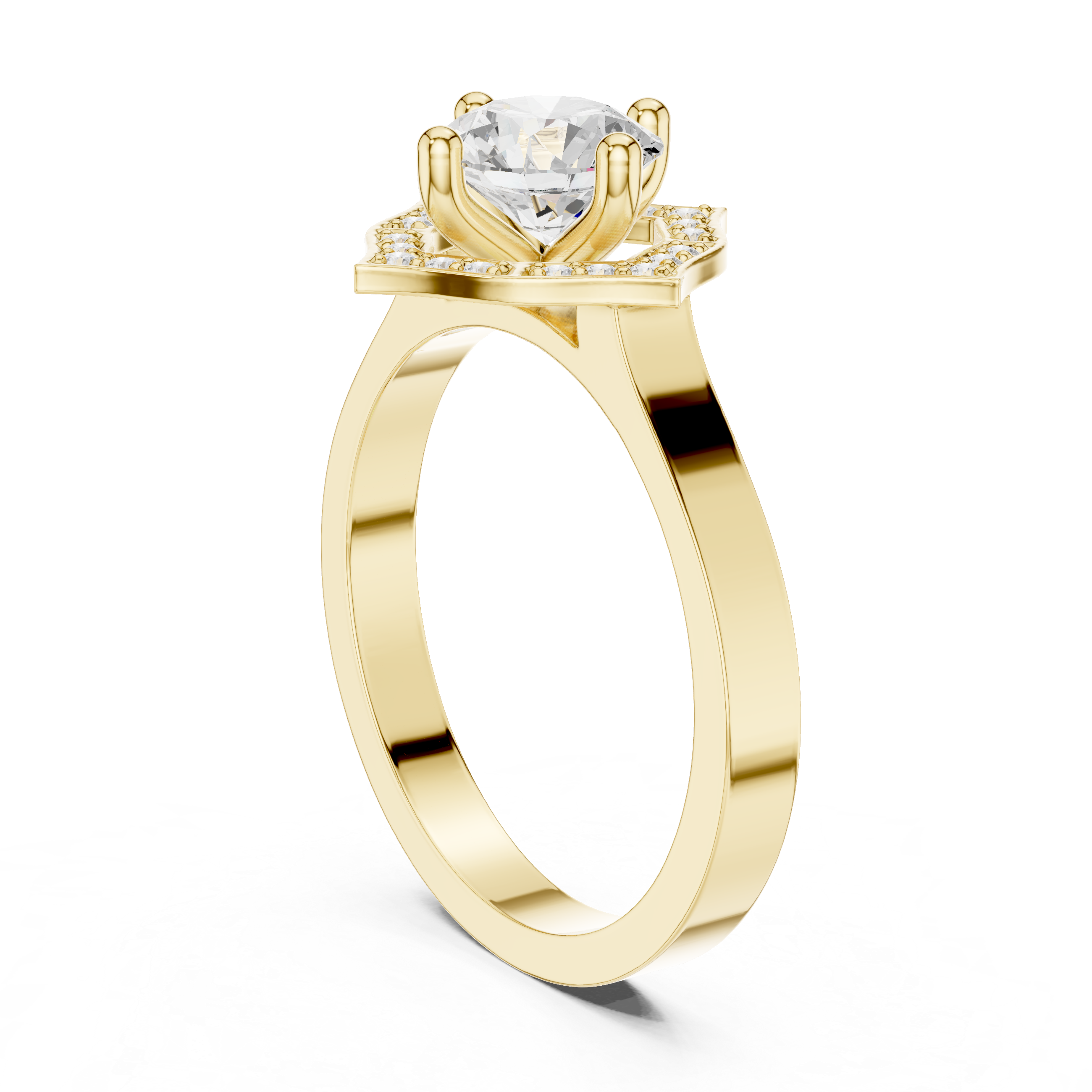 Round center diamond ring with diamond halo in a quatrefoil-inspired design