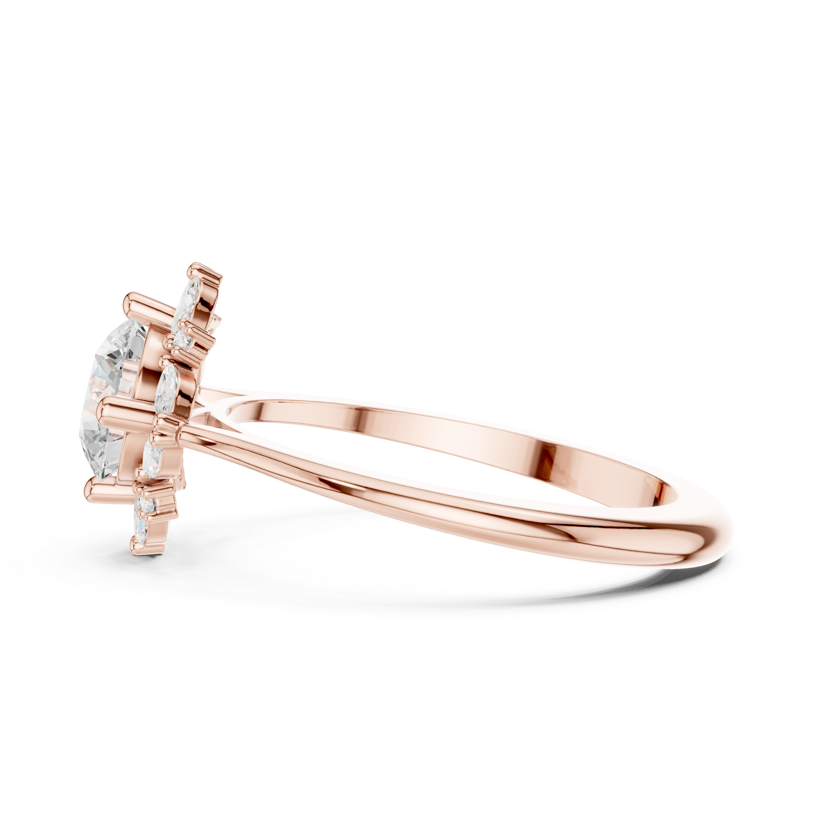 Round center diamond ring with marquise and round diamond floral halo