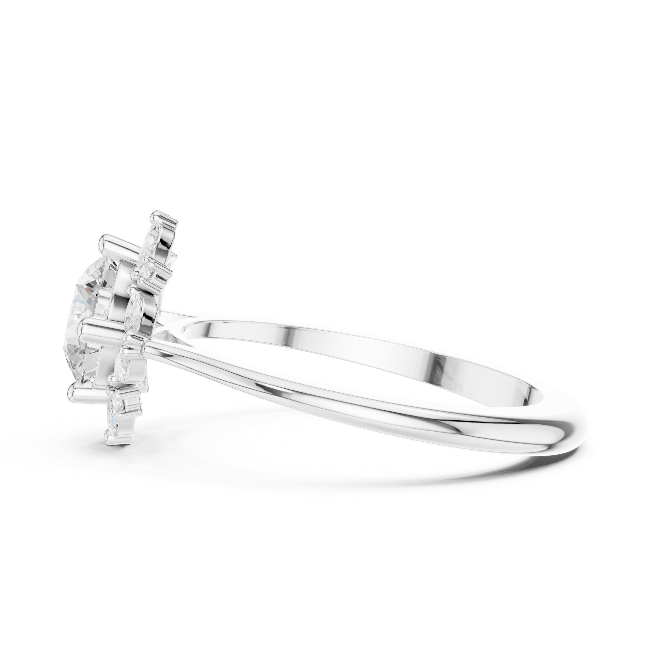 Round center diamond ring with marquise and round diamond floral halo