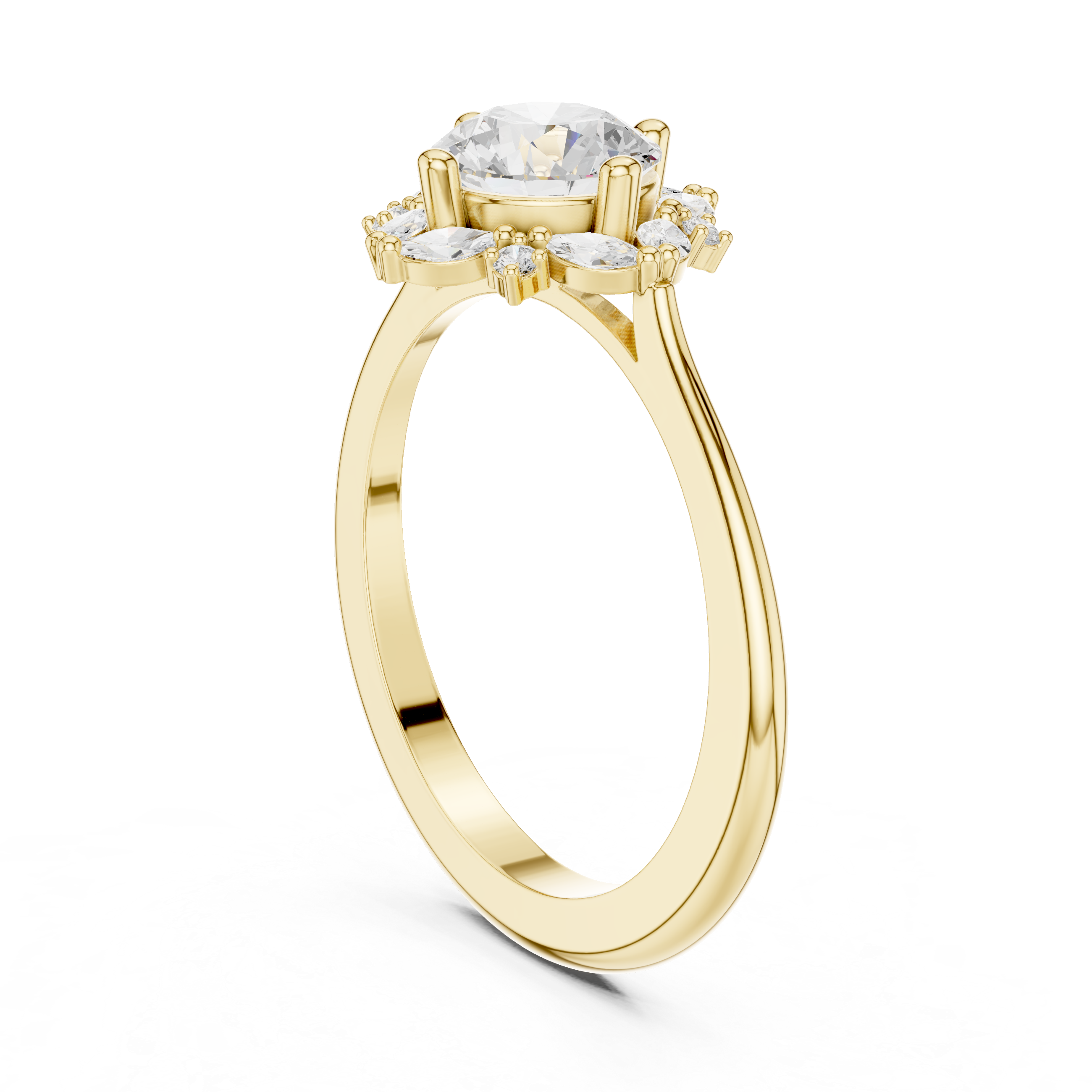Round center diamond ring with marquise and round diamond floral halo