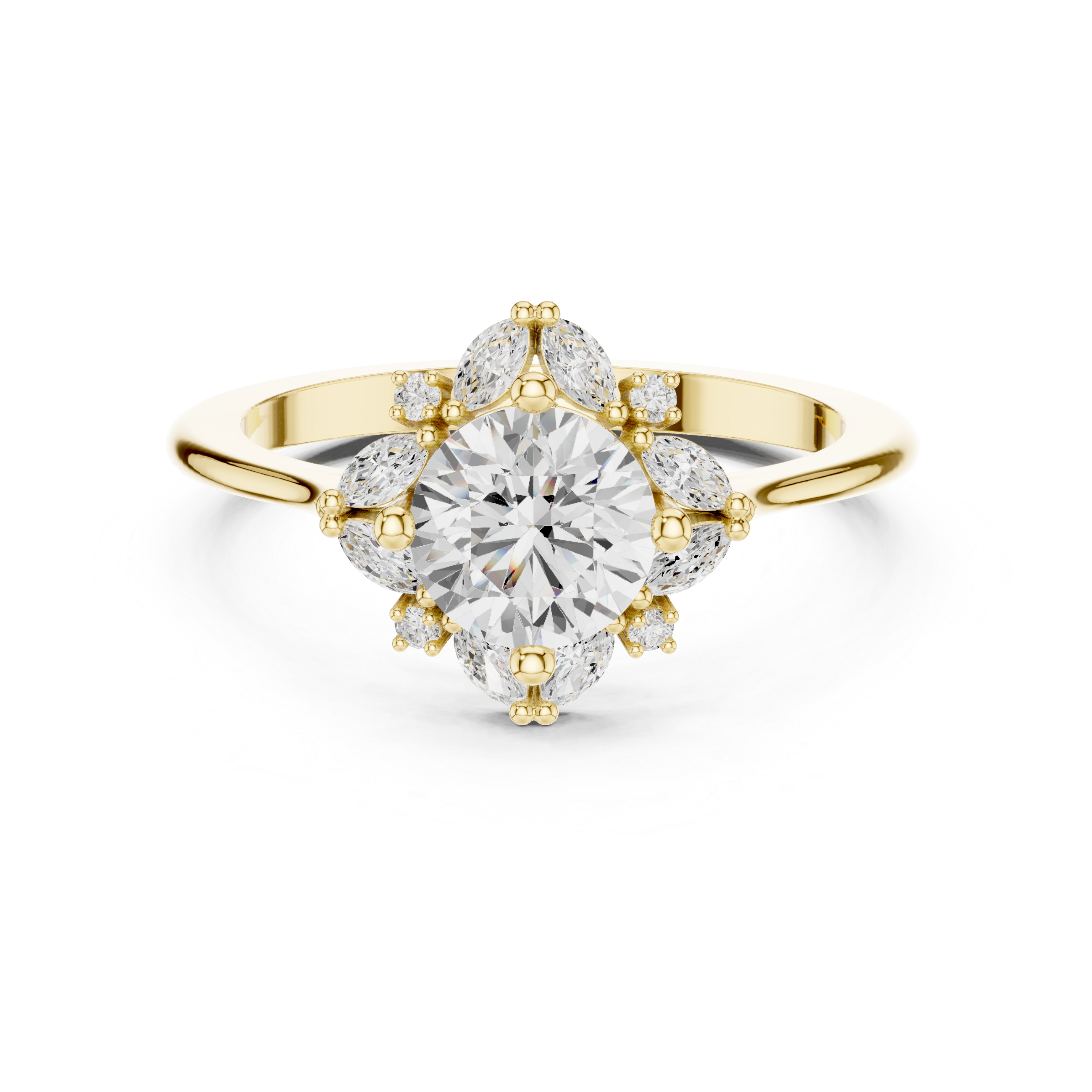 Round center diamond ring with marquise and round diamond floral halo