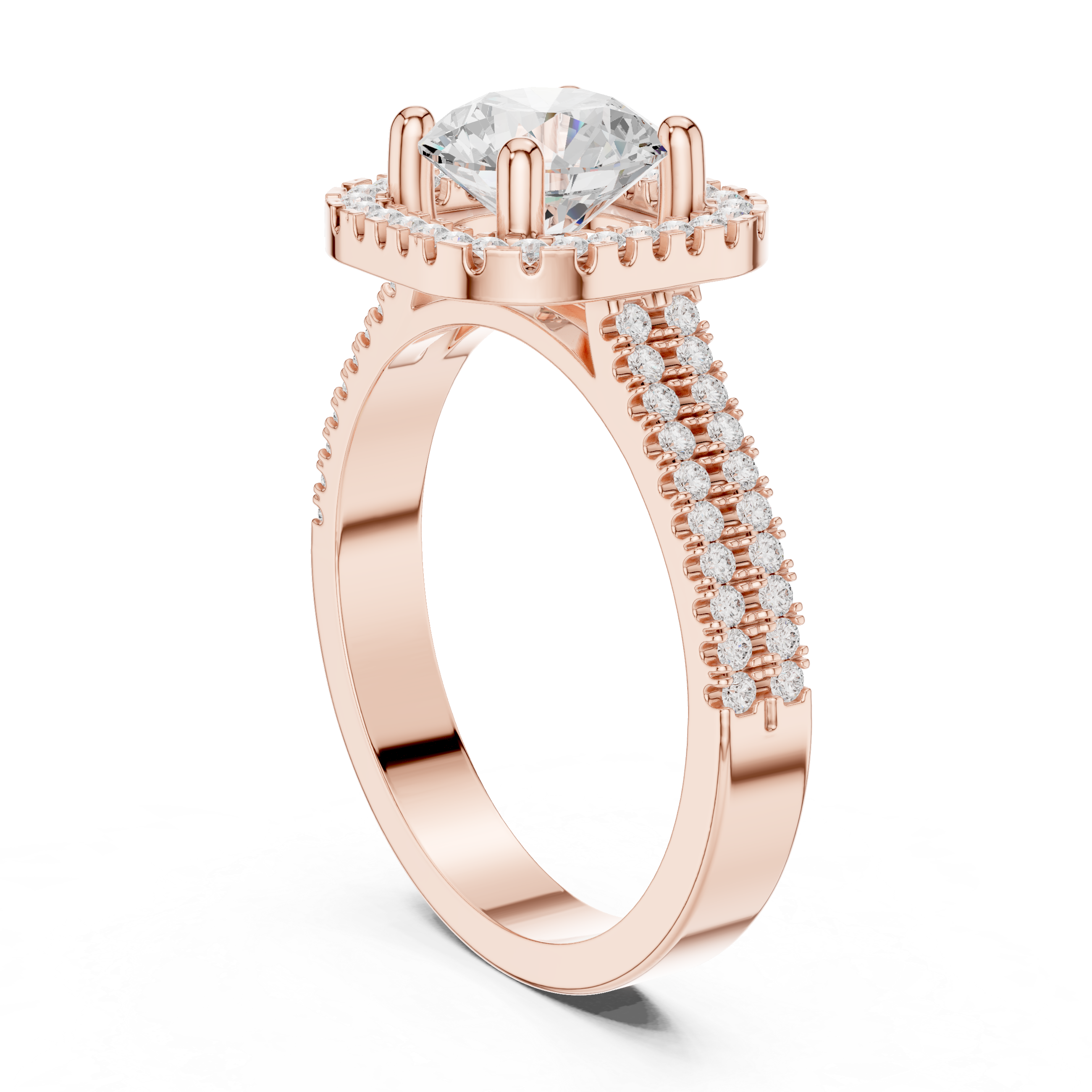 Round center diamond ring with cushion-shaped halo and pav‚ split shank band