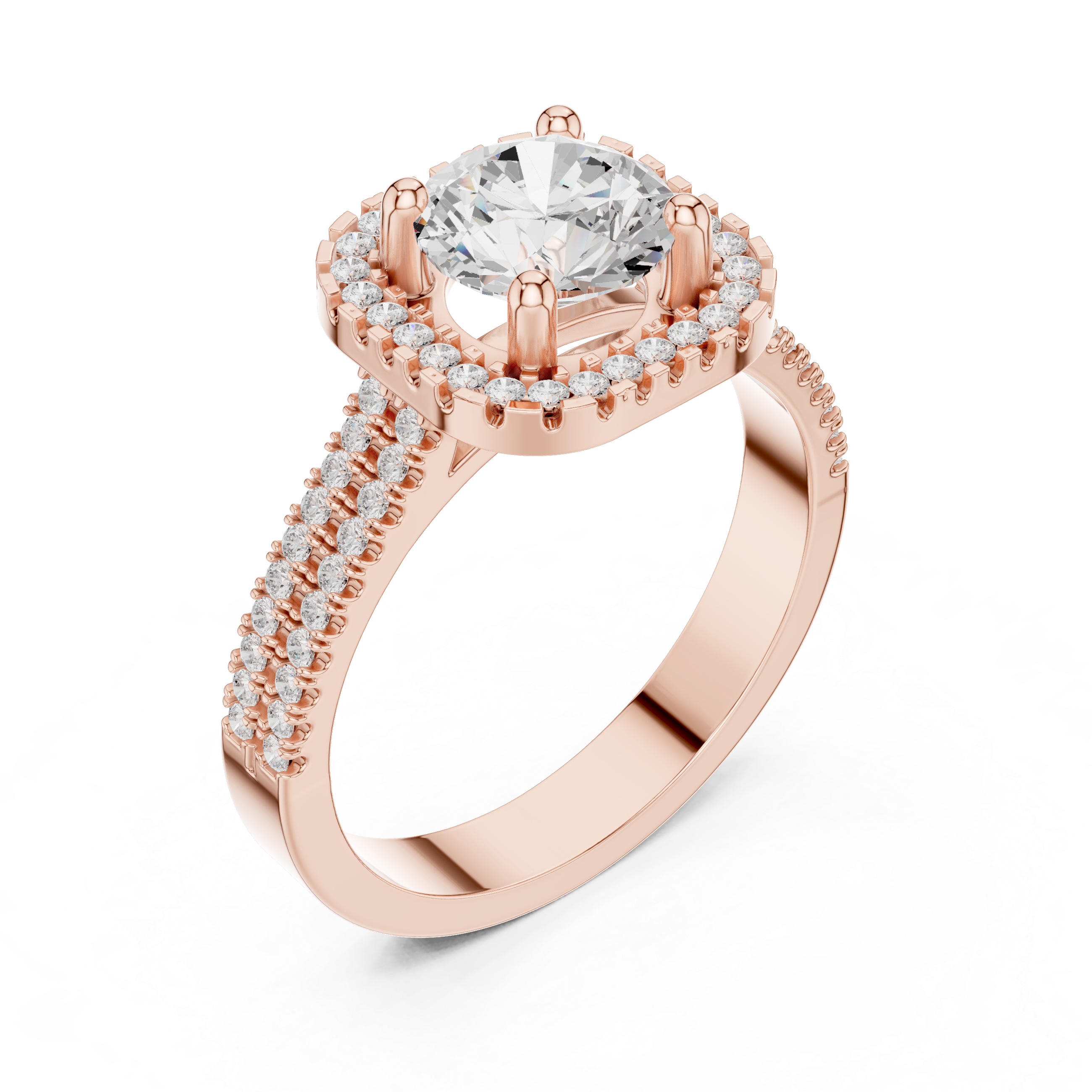 Round center diamond ring with cushion-shaped halo and pav‚ split shank band