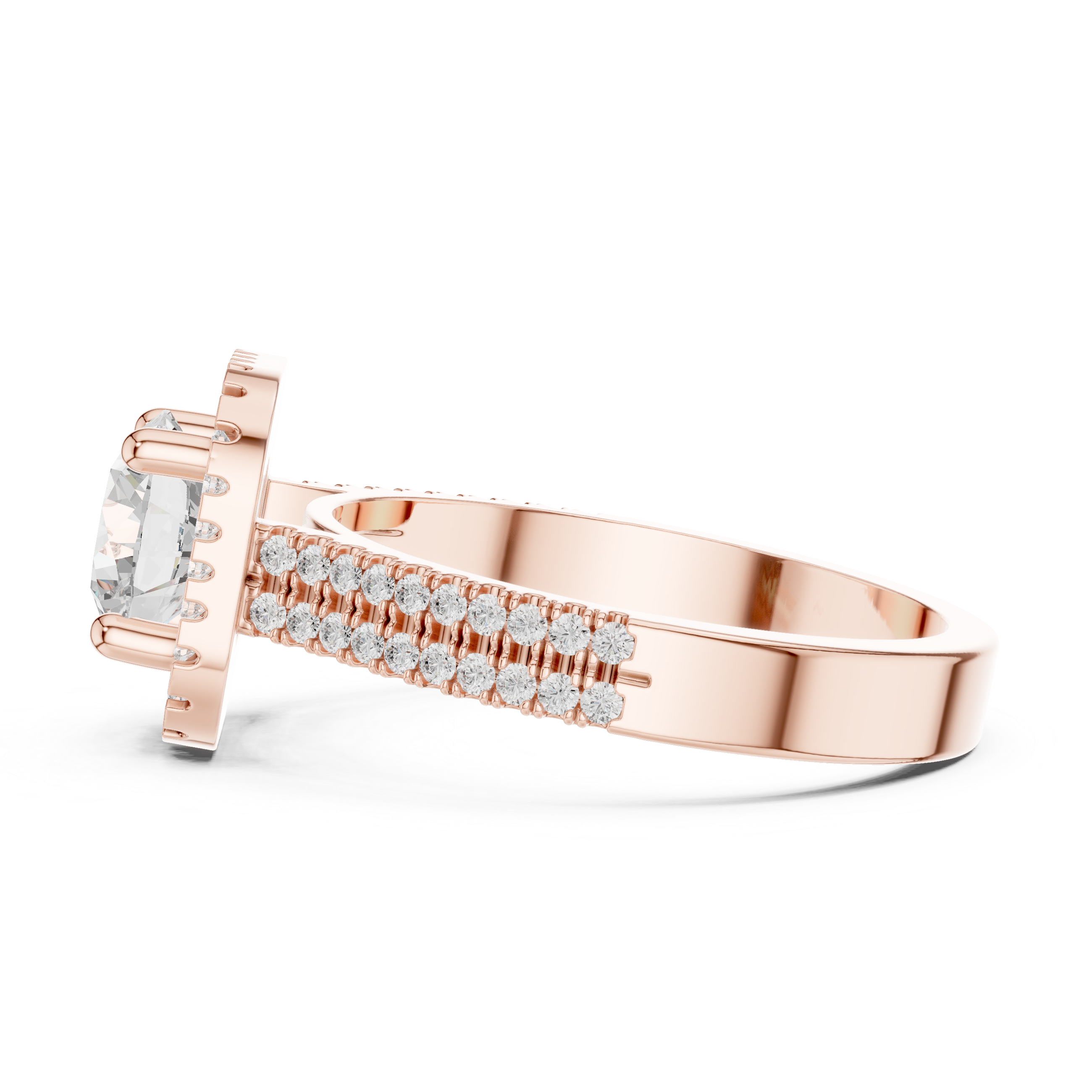 Round center diamond ring with cushion-shaped halo and pav‚ split shank band