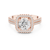 Round center diamond ring with cushion-shaped halo and pav‚ split shank band