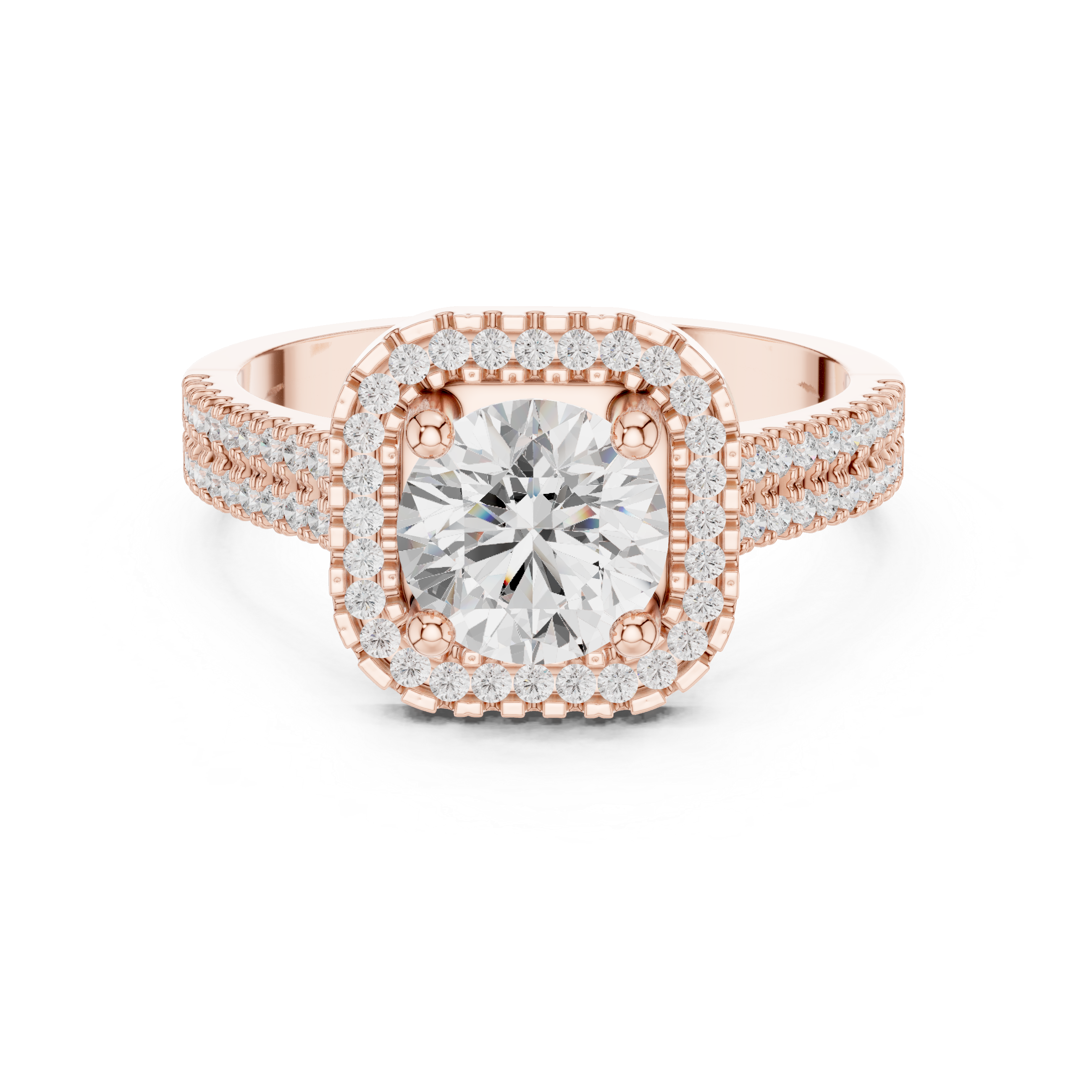 Round center diamond ring with cushion-shaped halo and pav‚ split shank band