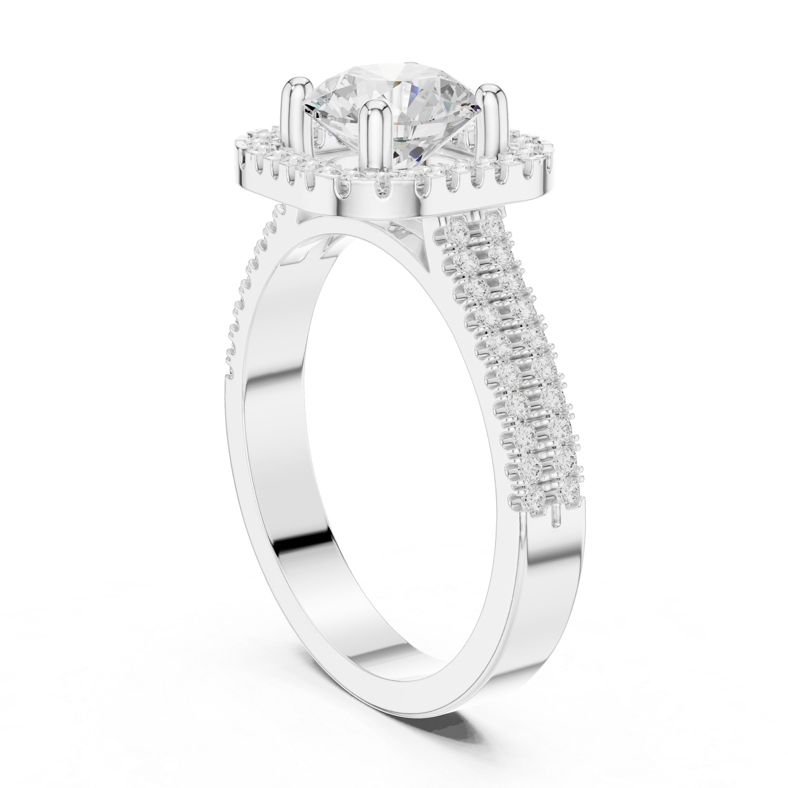 Round center diamond ring with cushion-shaped halo and pav‚ split shank band