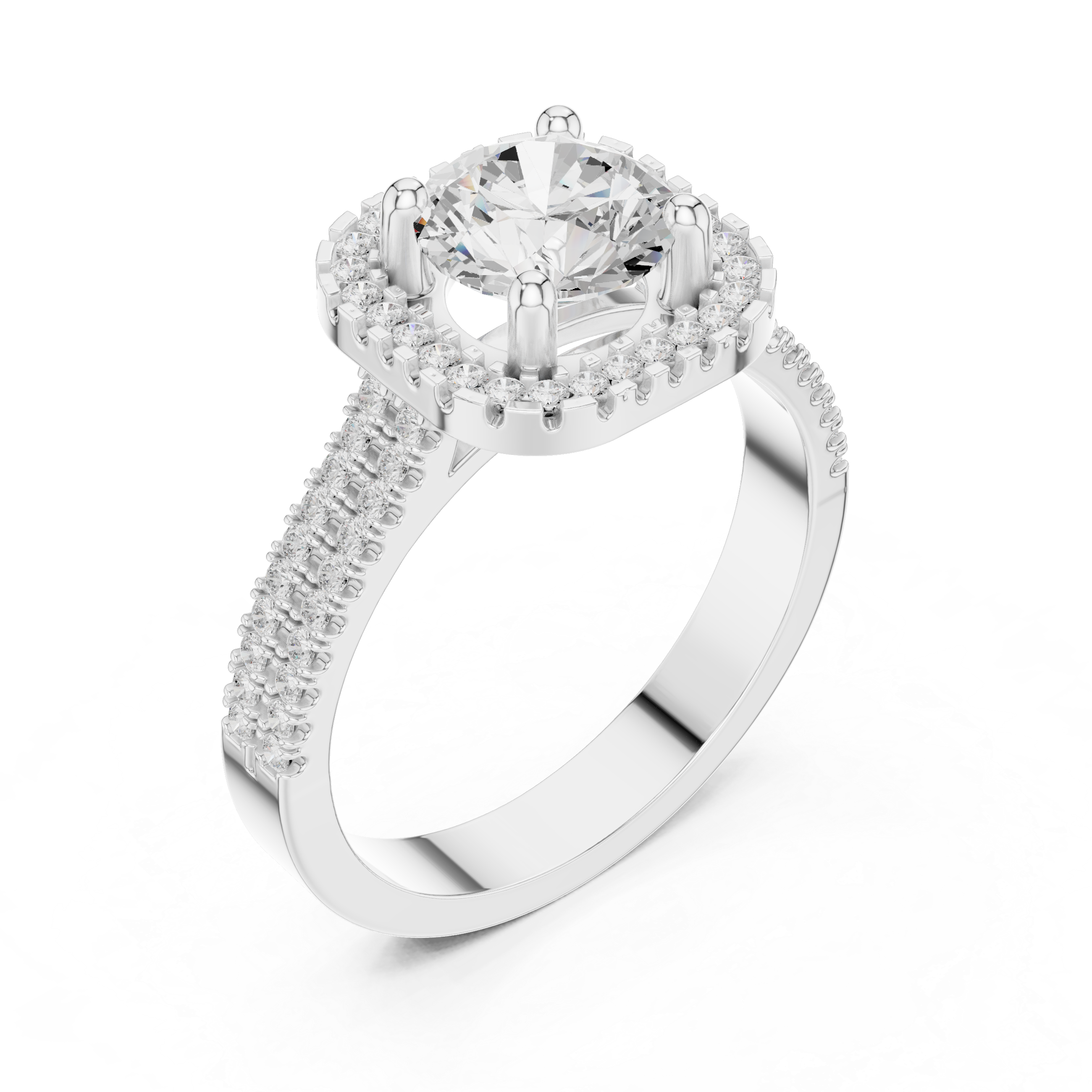 Round center diamond ring with cushion-shaped halo and pav‚ split shank band
