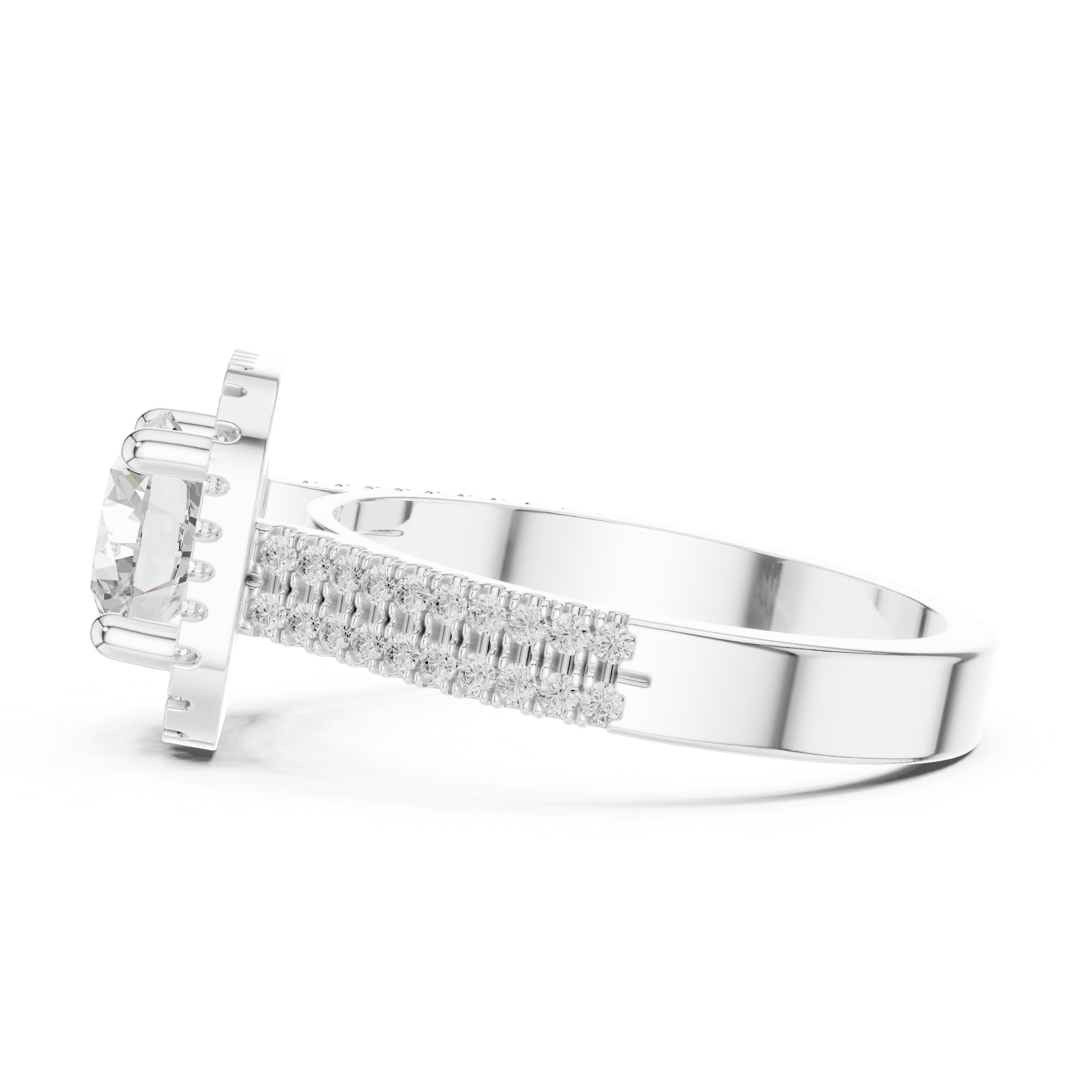 Round center diamond ring with cushion-shaped halo and pav‚ split shank band