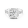 Round center diamond ring with cushion-shaped halo and pav‚ split shank band