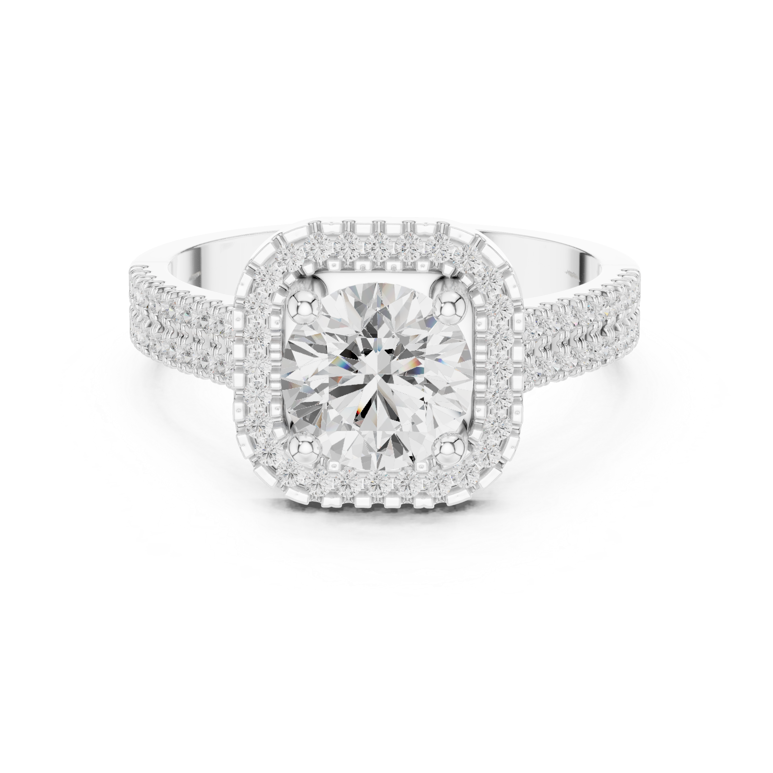 Round center diamond ring with cushion-shaped halo and pav‚ split shank band