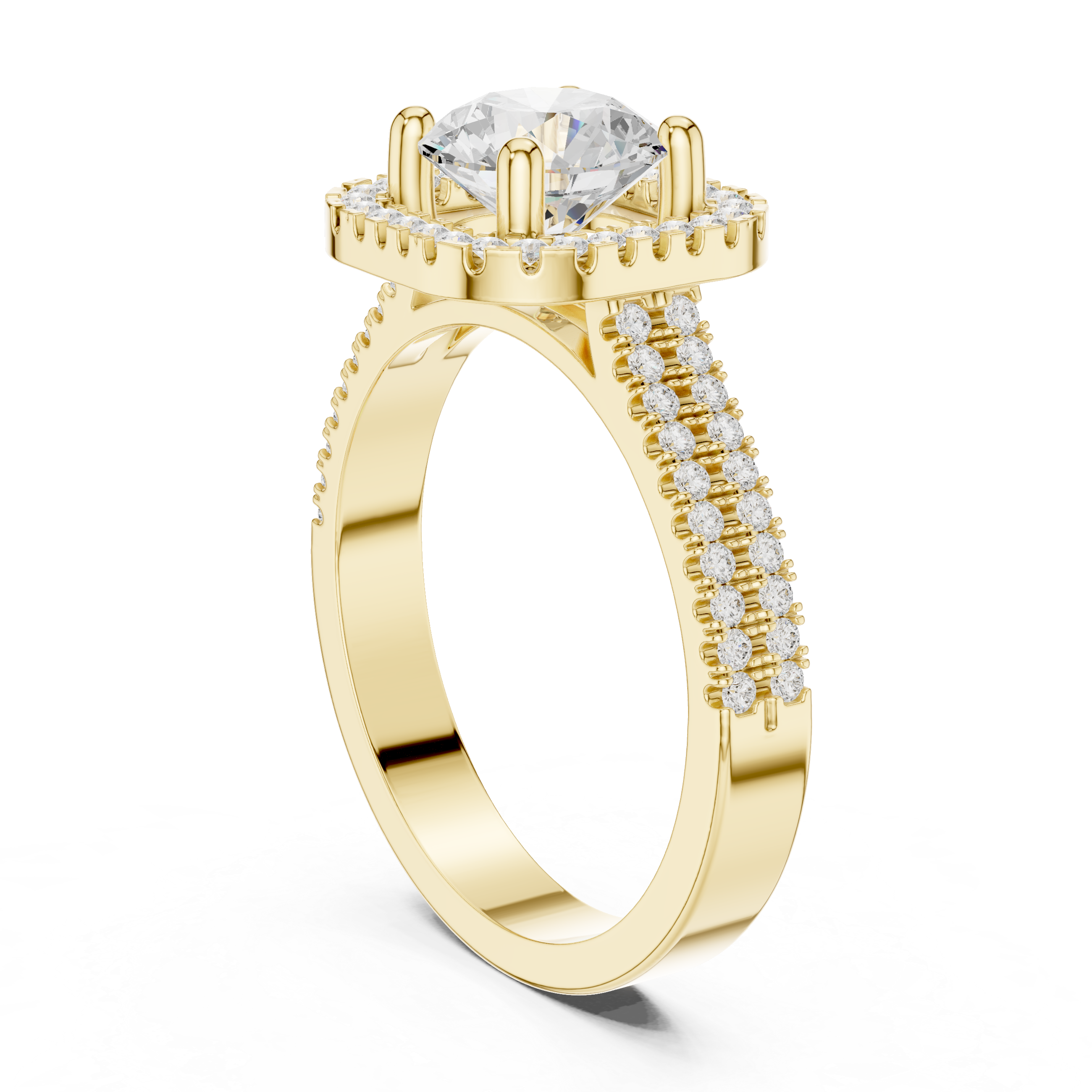 Round center diamond ring with cushion-shaped halo and pav‚ split shank band