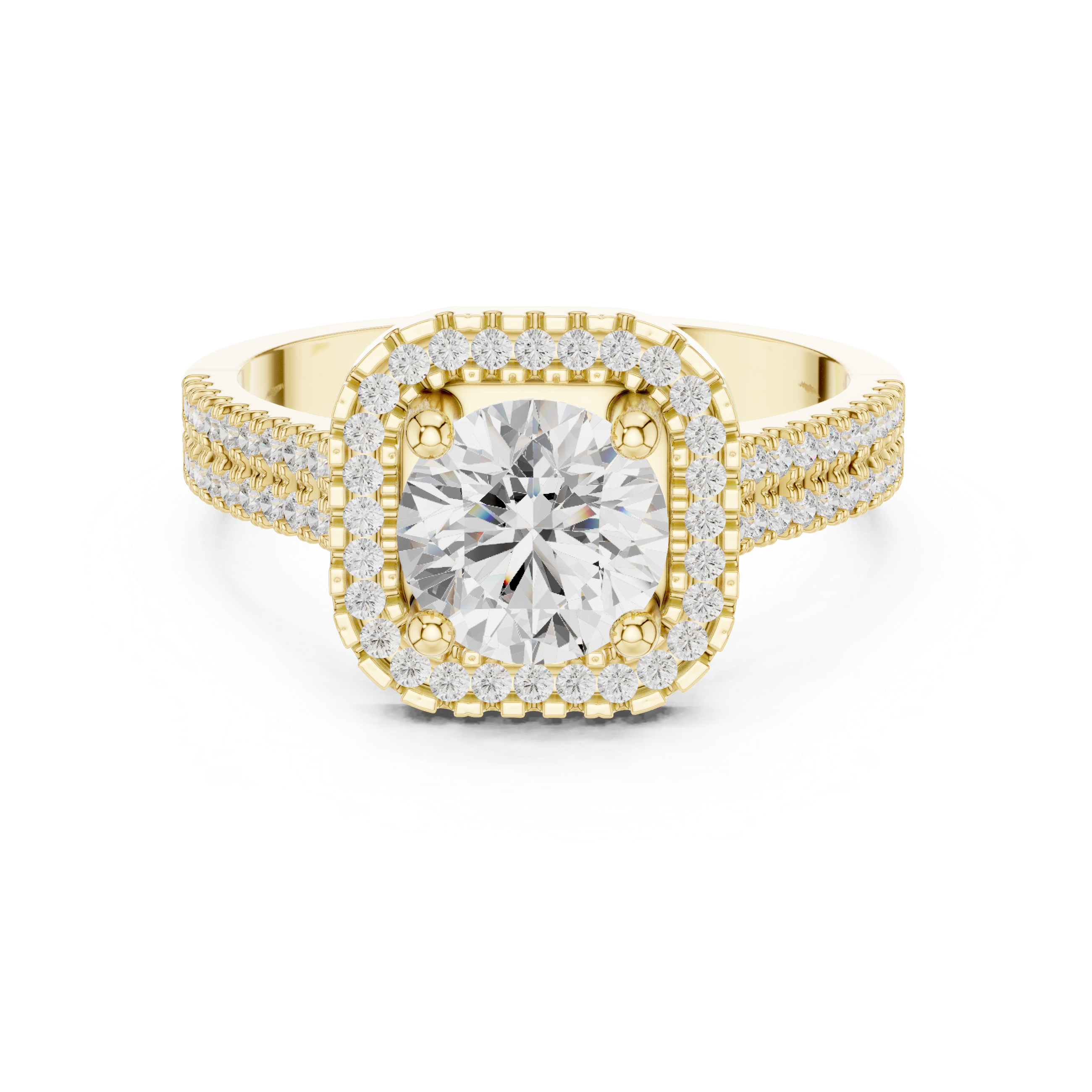 Round center diamond ring with cushion-shaped halo and pav‚ split shank band