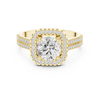 Round center diamond ring with cushion-shaped halo and pav‚ split shank band