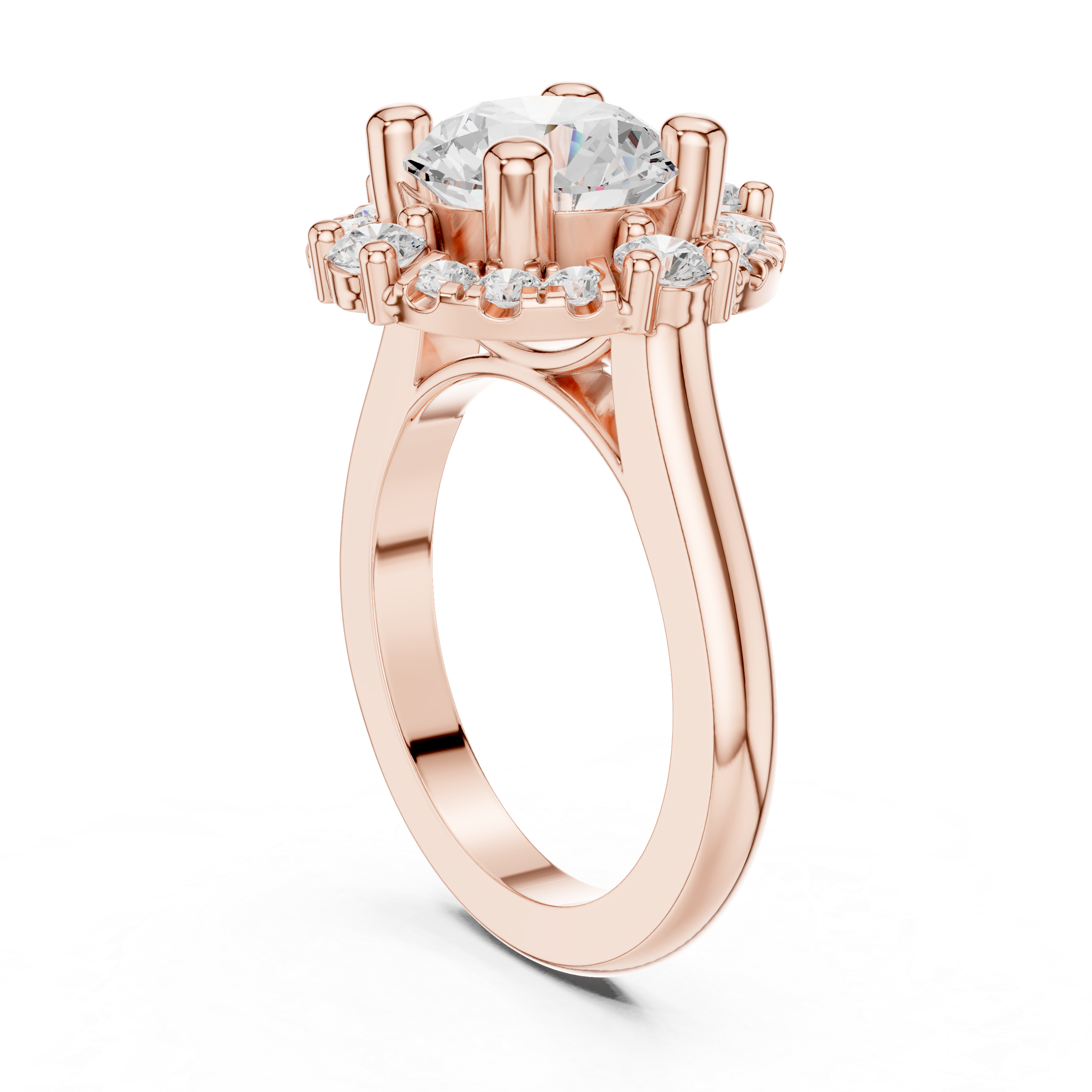 Round center diamond ring with a halo of mixed-sized round diamonds
