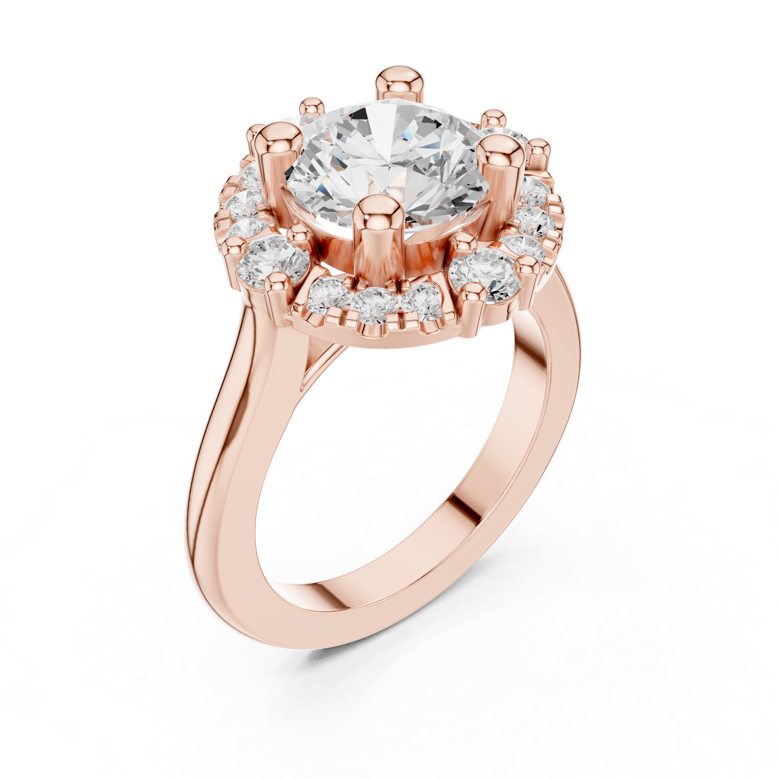Round center diamond ring with a halo of mixed-sized round diamonds
