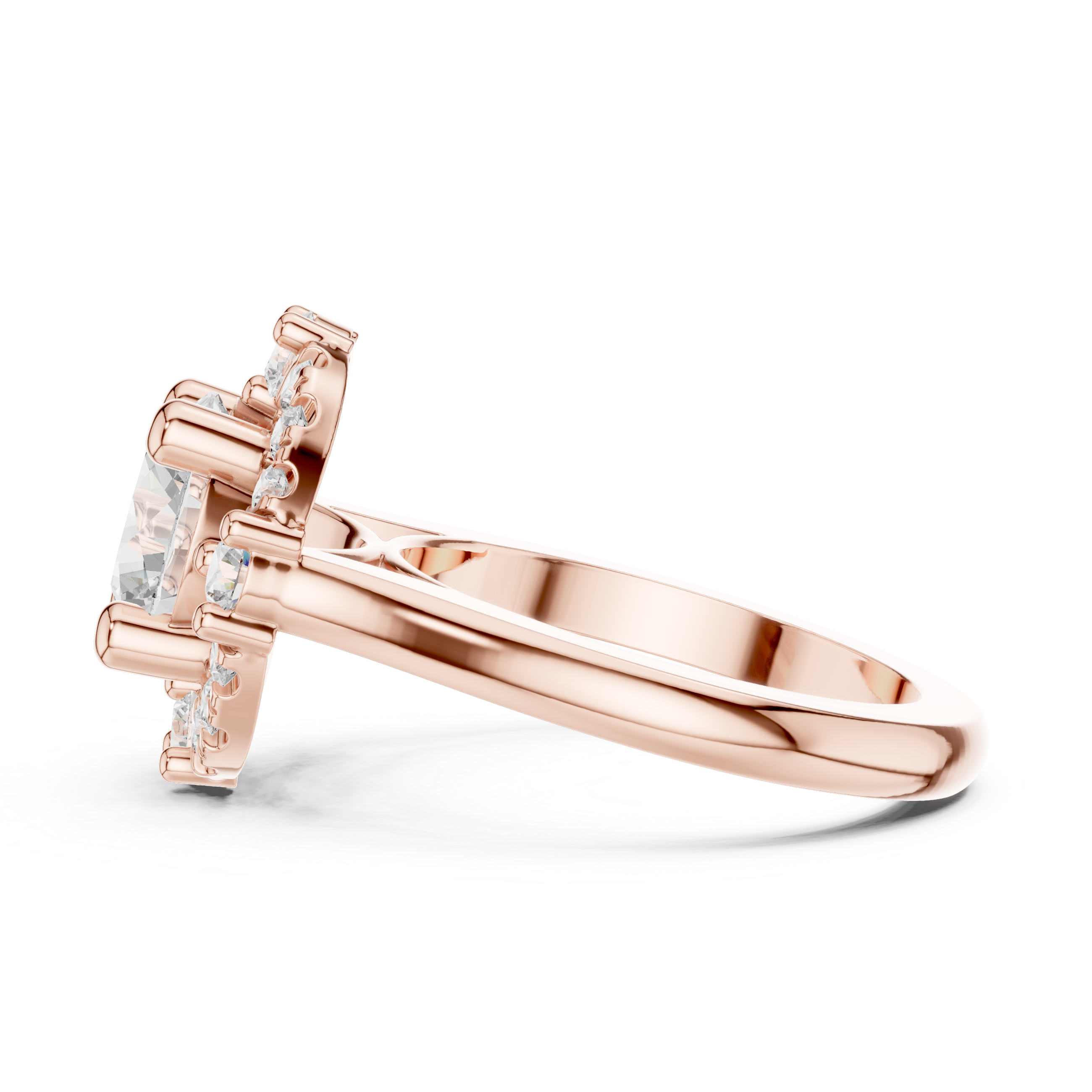 Round center diamond ring with a halo of mixed-sized round diamonds