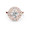 Round center diamond ring with a halo of mixed-sized round diamonds