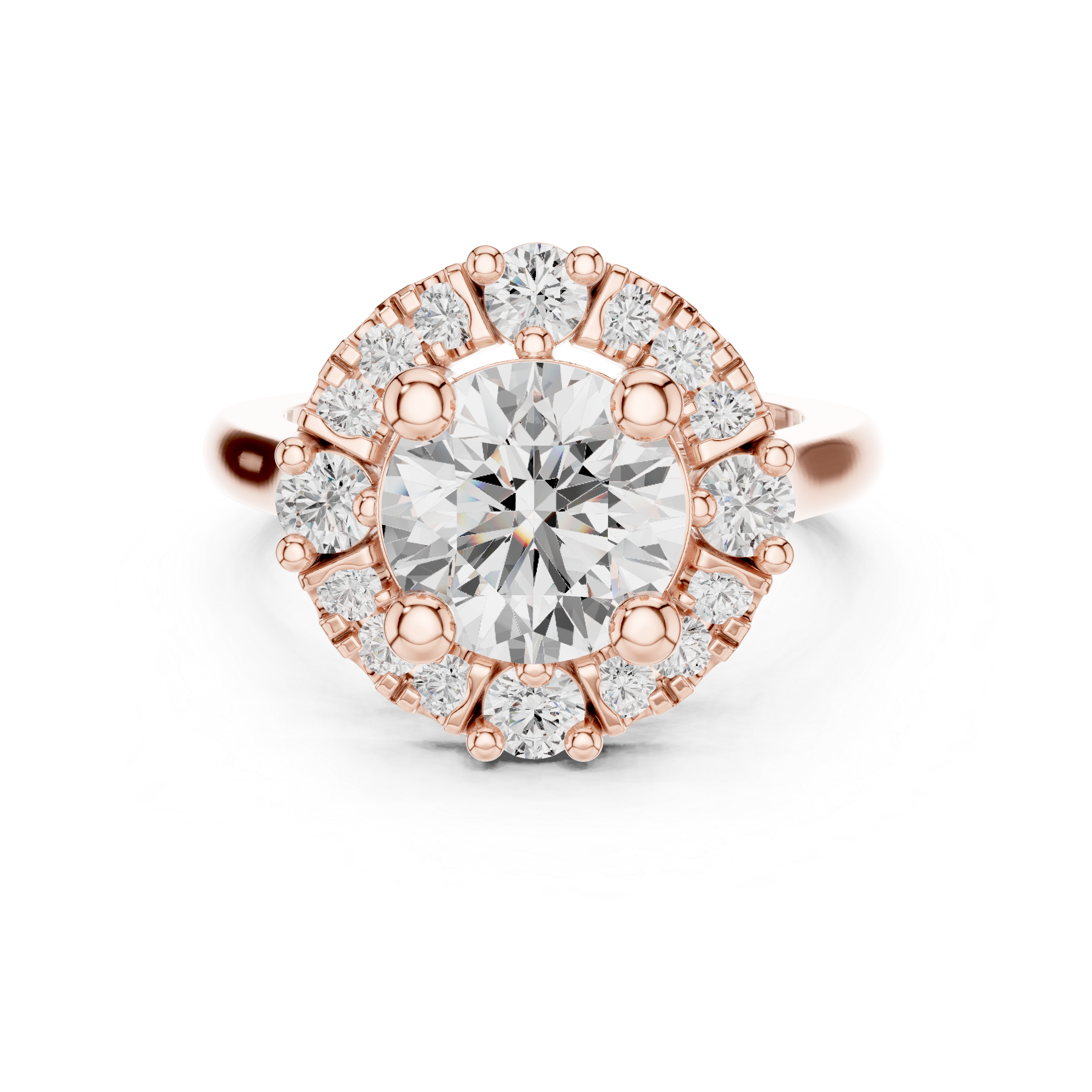 Round center diamond ring with a halo of mixed-sized round diamonds