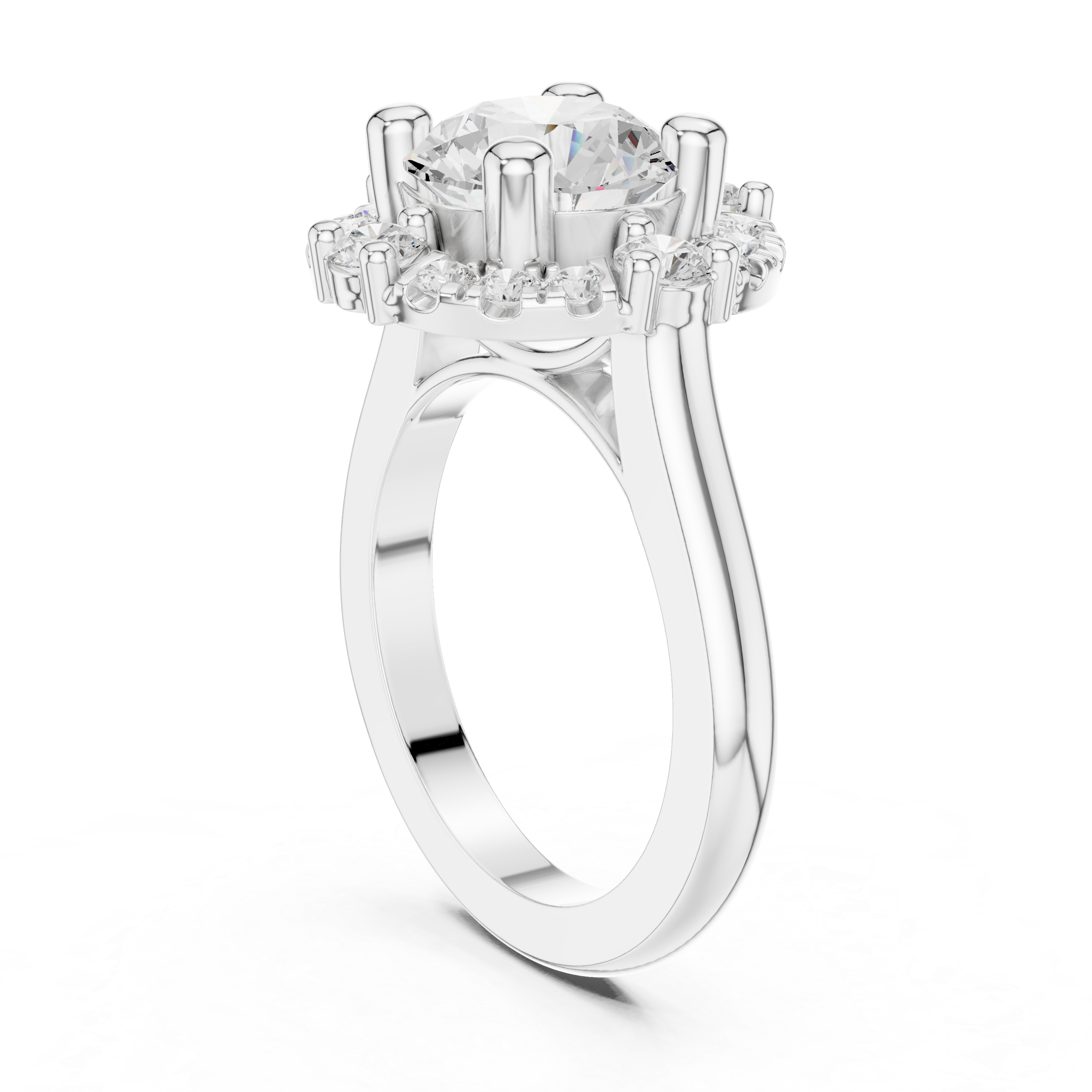 Round center diamond ring with a halo of mixed-sized round diamonds