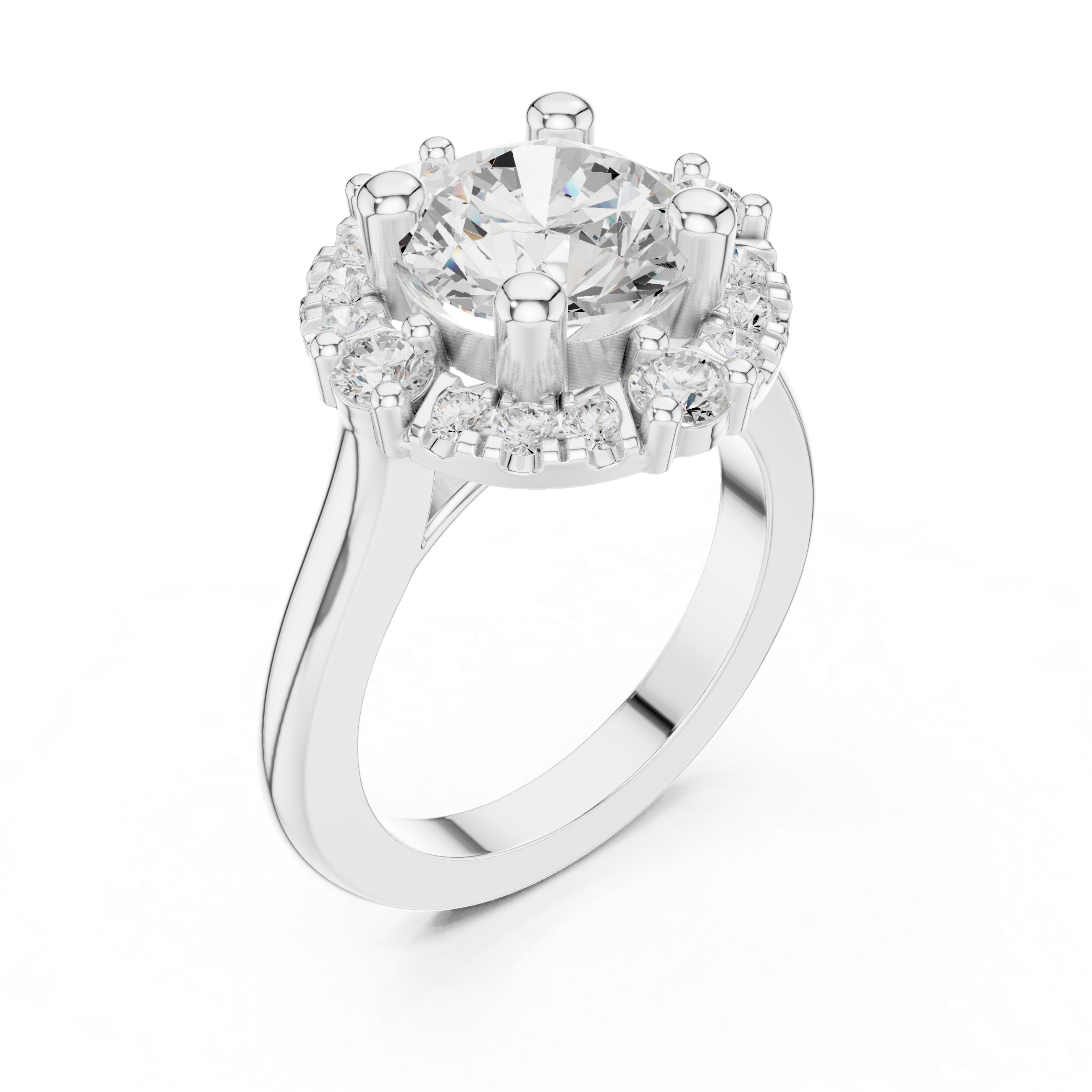 Round center diamond ring with a halo of mixed-sized round diamonds