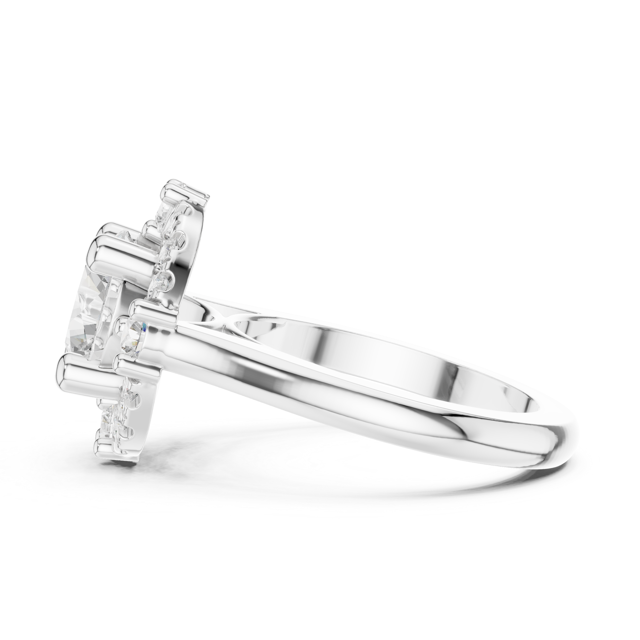 Round center diamond ring with a halo of mixed-sized round diamonds