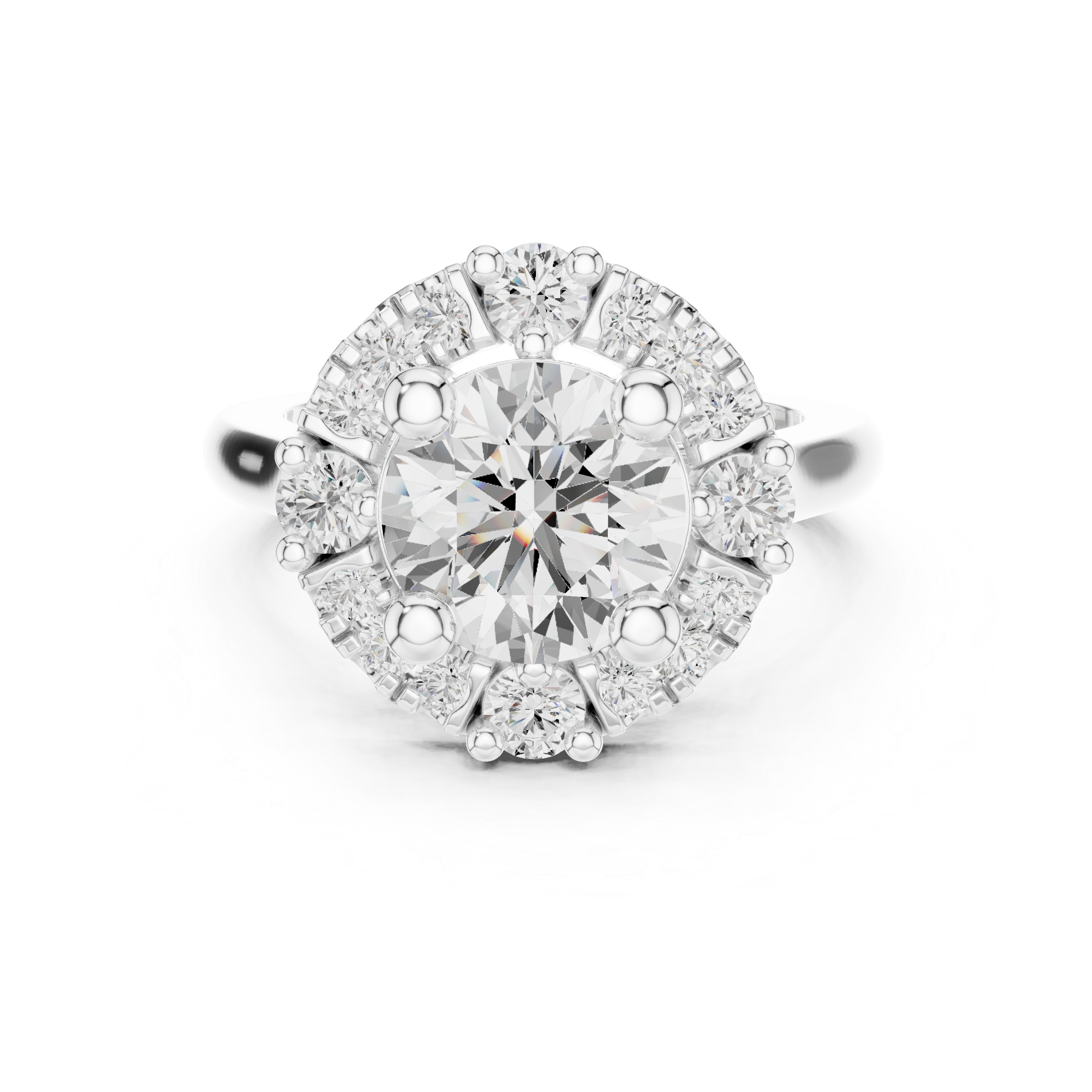 Round center diamond ring with a halo of mixed-sized round diamonds