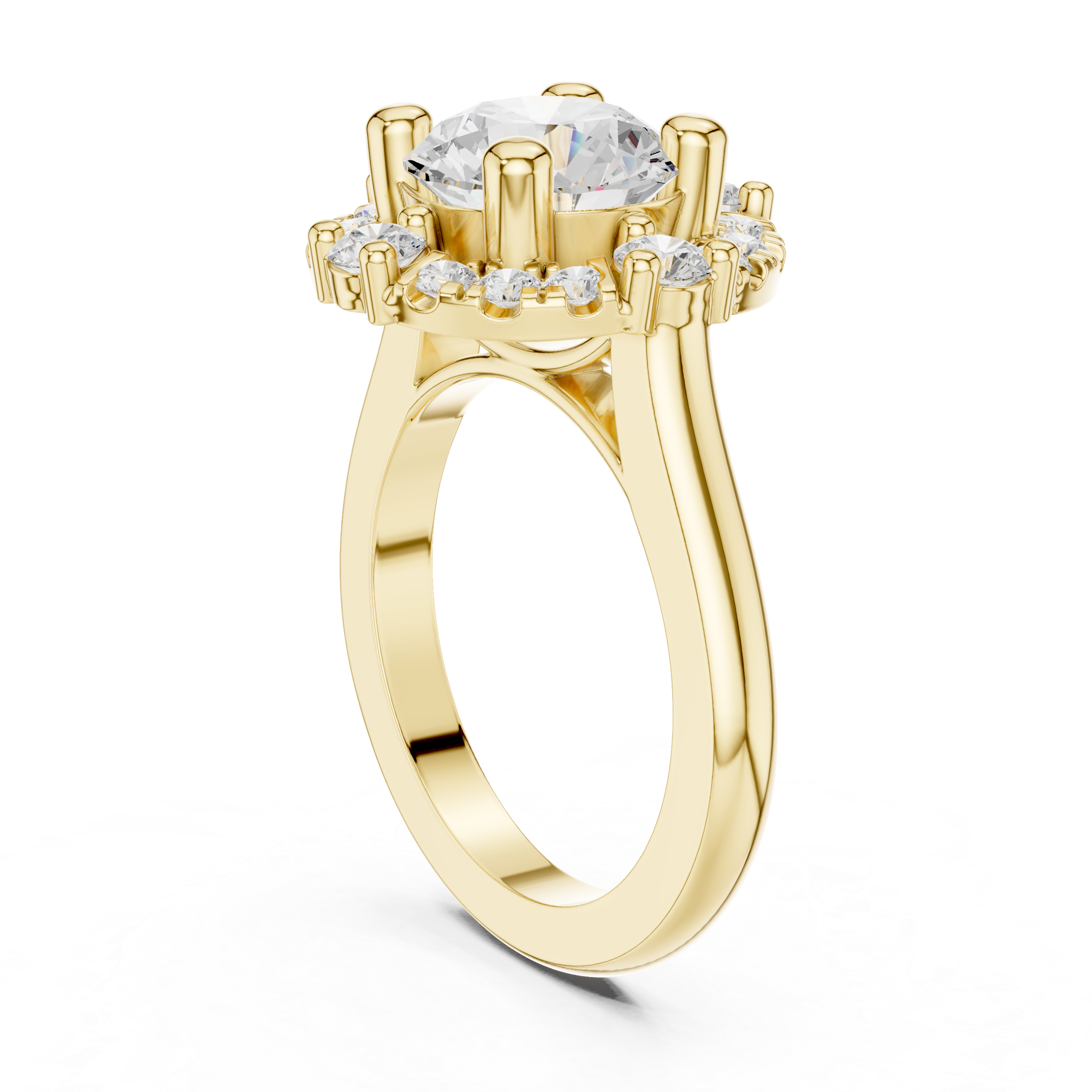 Round center diamond ring with a halo of mixed-sized round diamonds