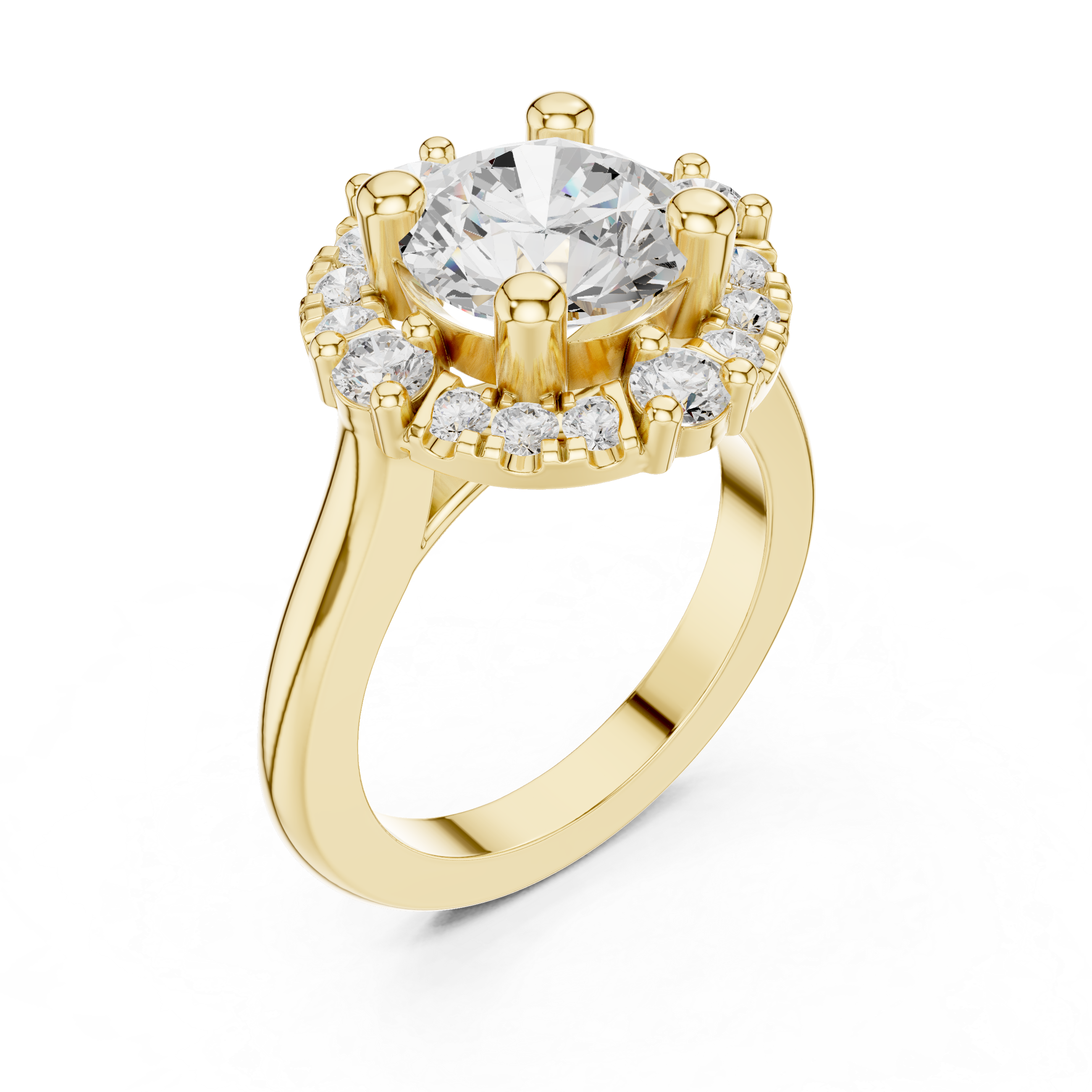 Round center diamond ring with a halo of mixed-sized round diamonds