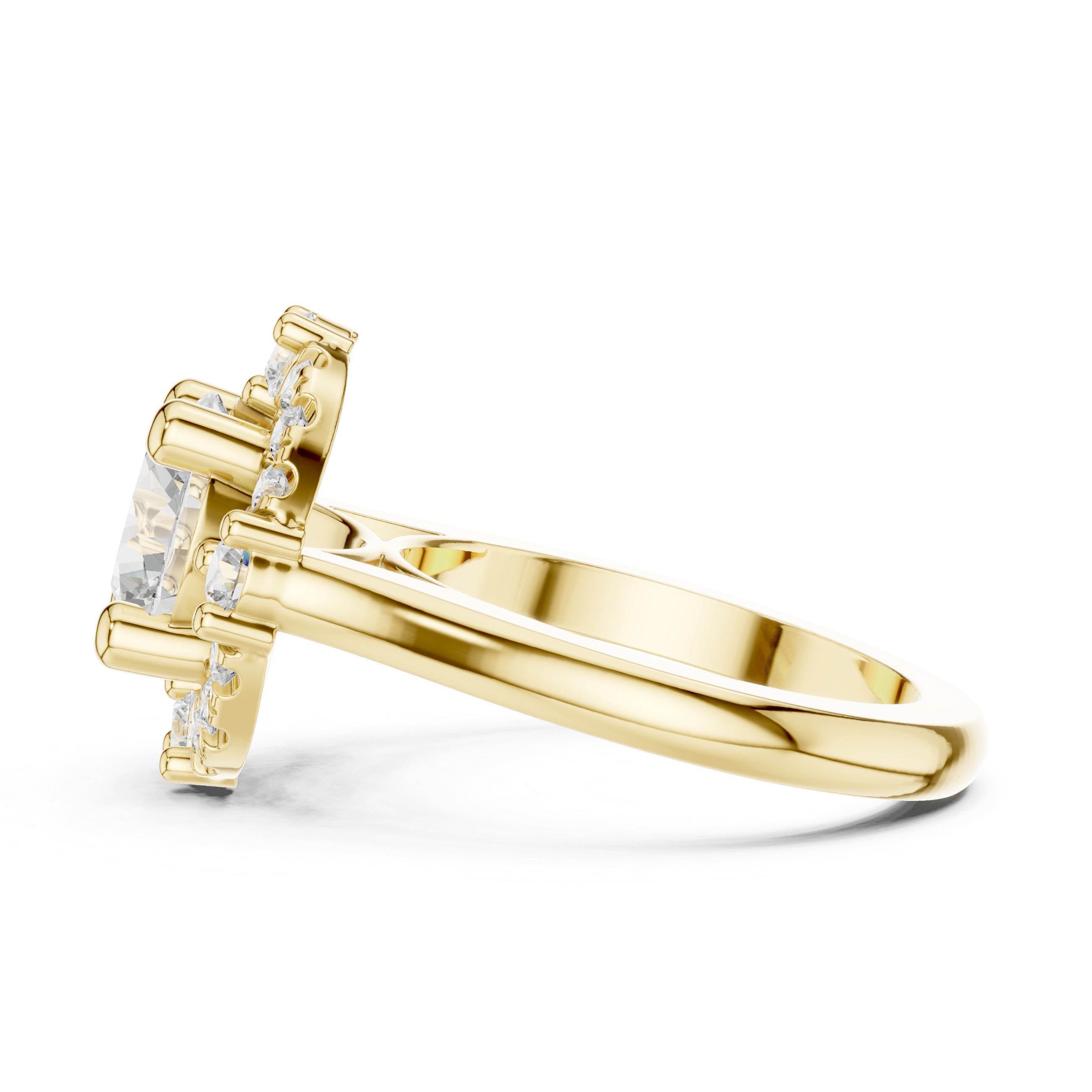 Round center diamond ring with a halo of mixed-sized round diamonds