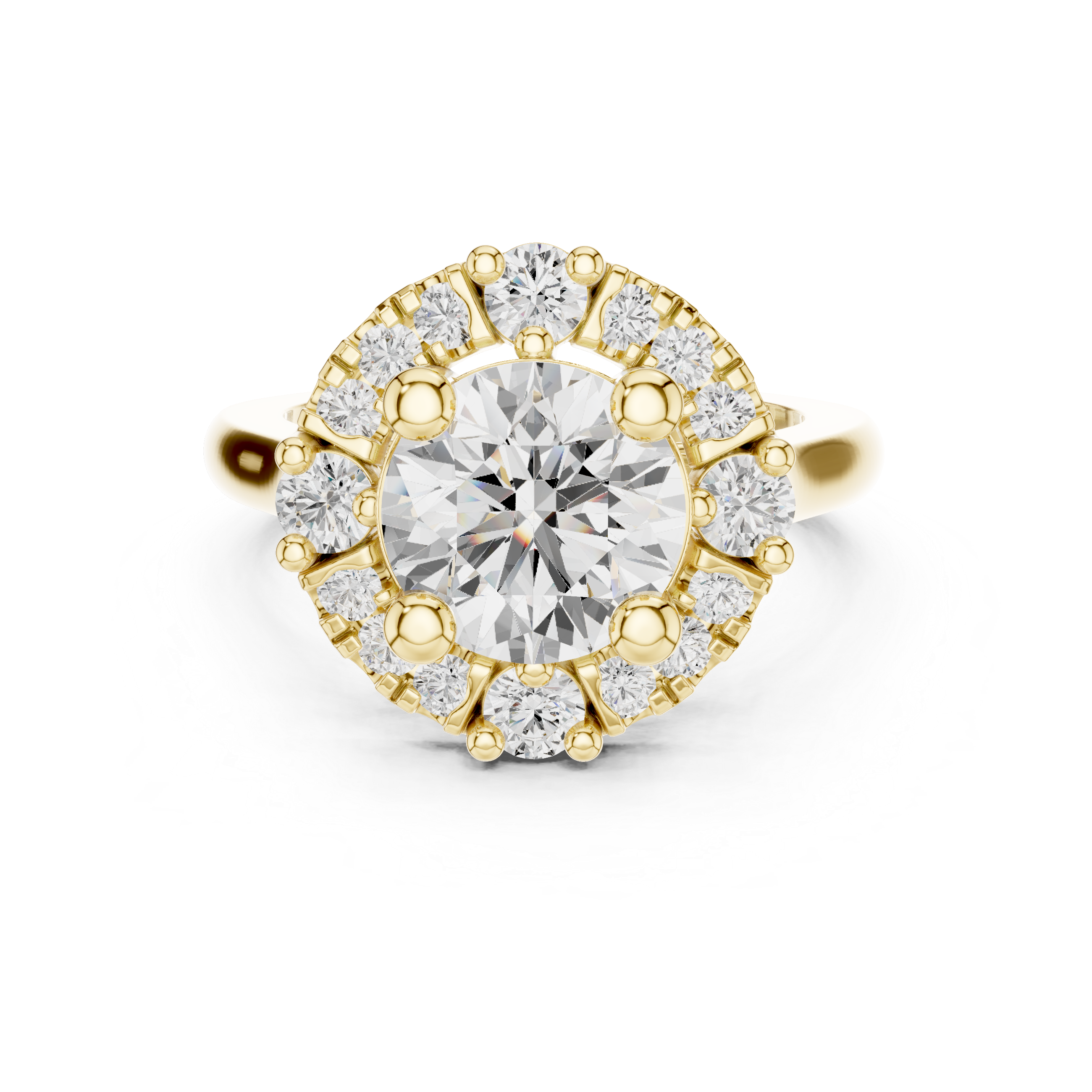 Round center diamond ring with a halo of mixed-sized round diamonds