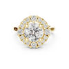 Round center diamond ring with a halo of mixed-sized round diamonds
