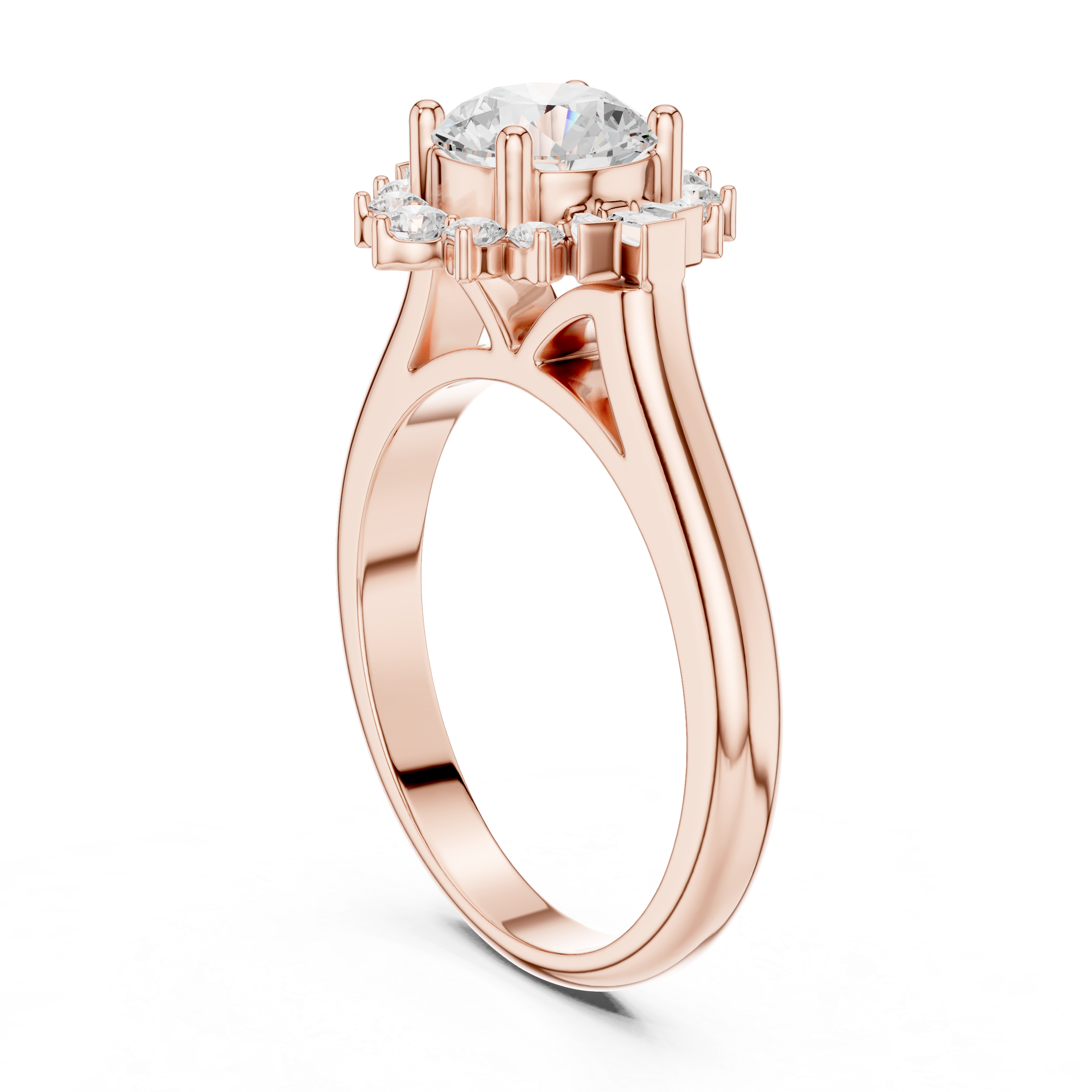 round center diamond ring with floral-inspired halo of round and baguette diamonds