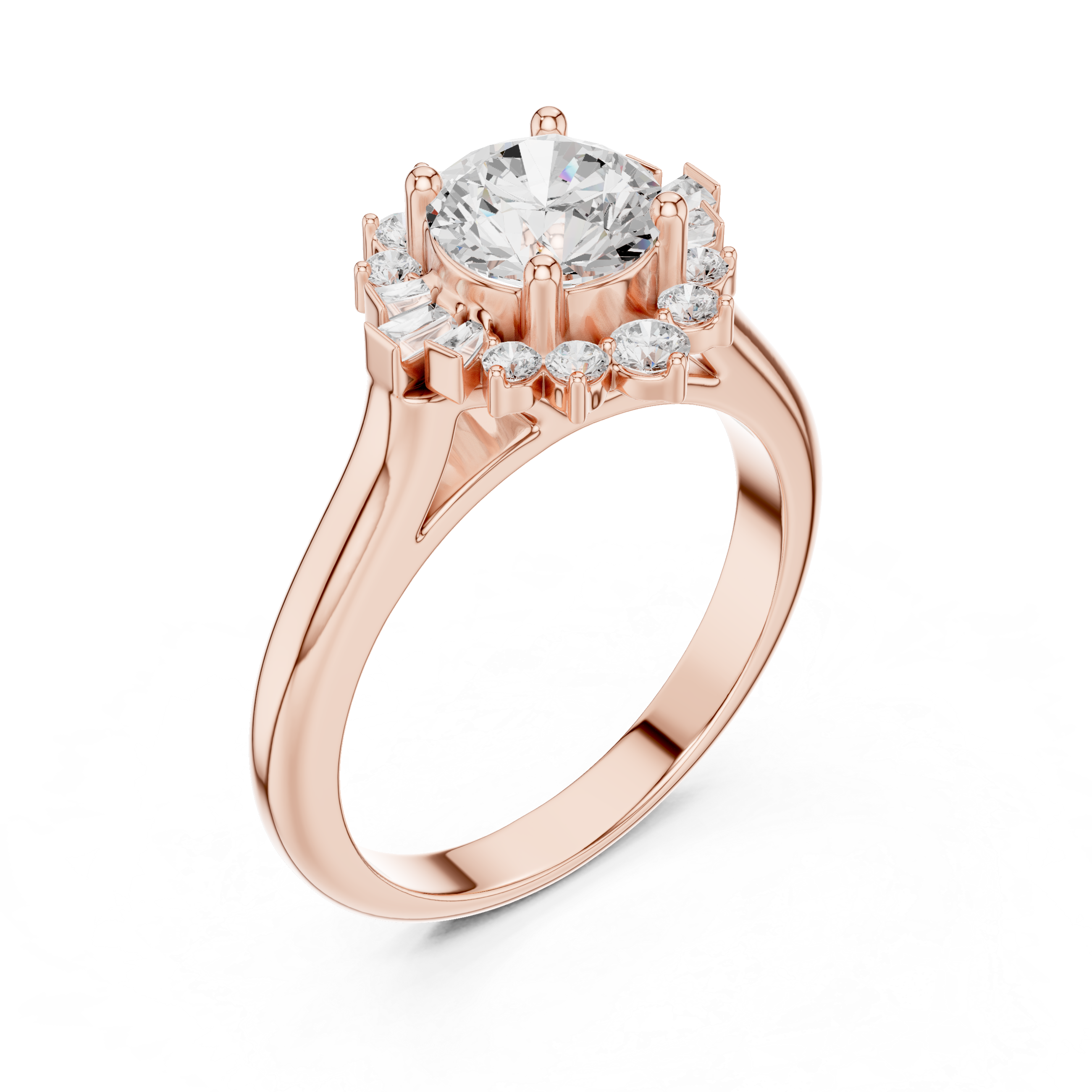 round center diamond ring with floral-inspired halo of round and baguette diamonds
