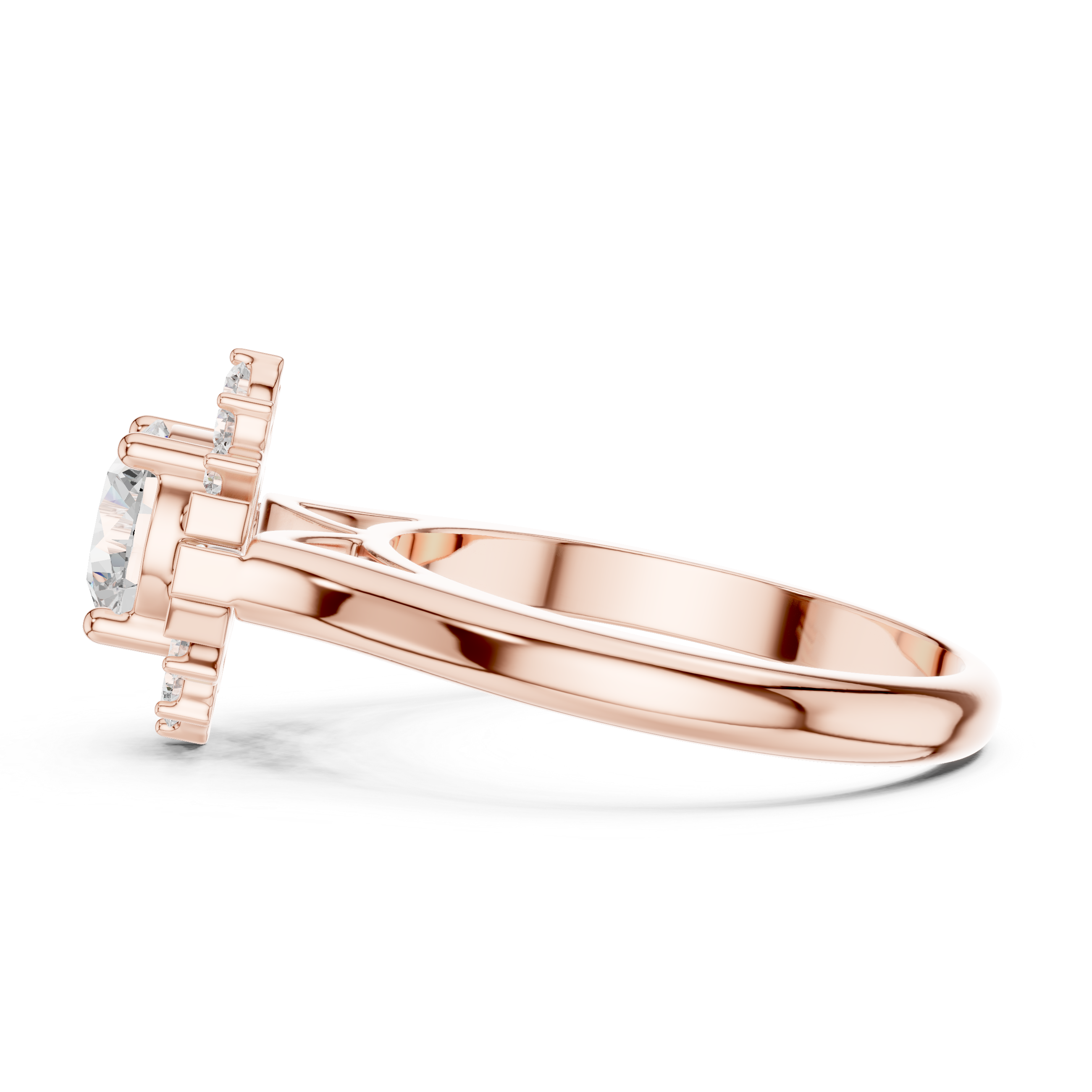 round center diamond ring with floral-inspired halo of round and baguette diamonds