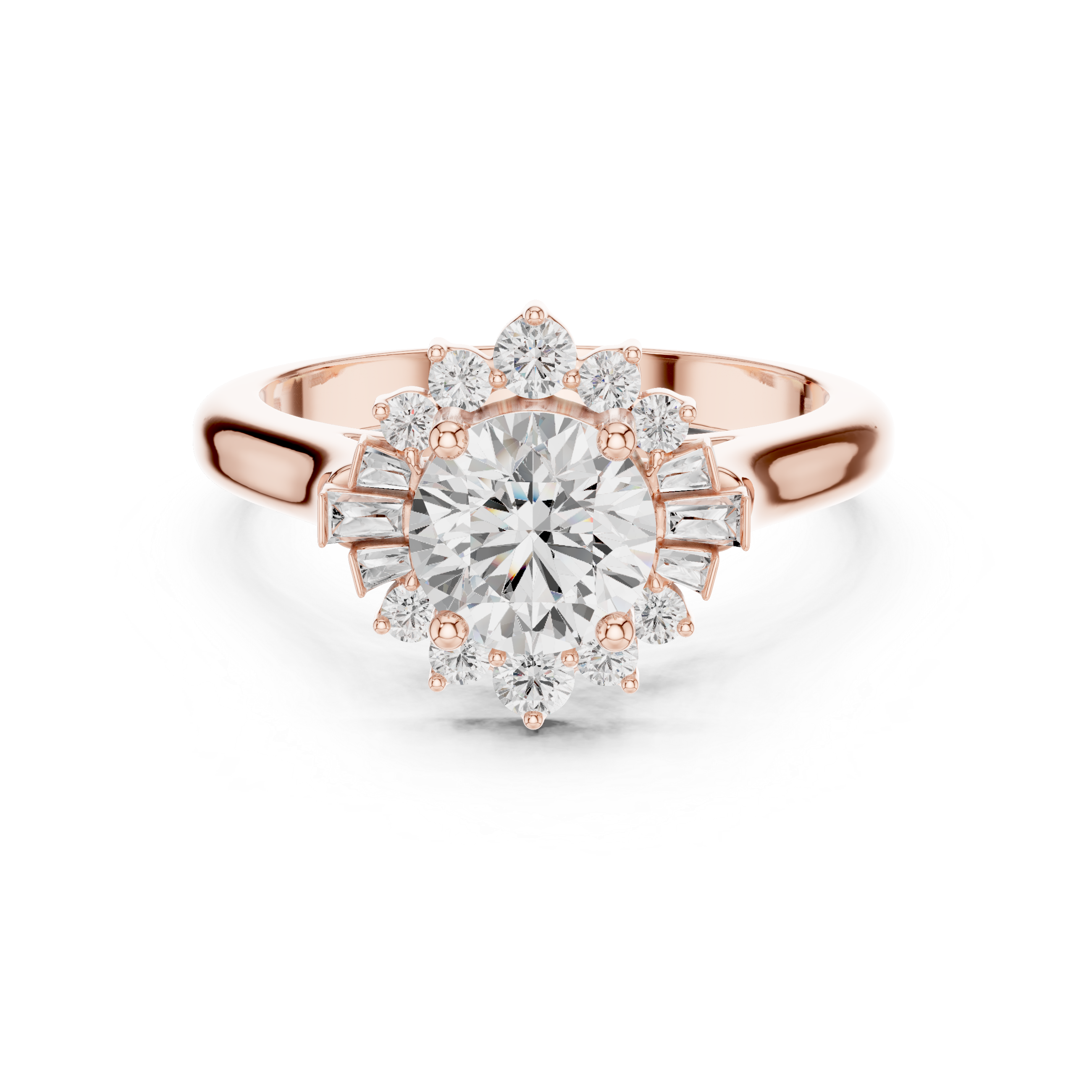 round center diamond ring with floral-inspired halo of round and baguette diamonds