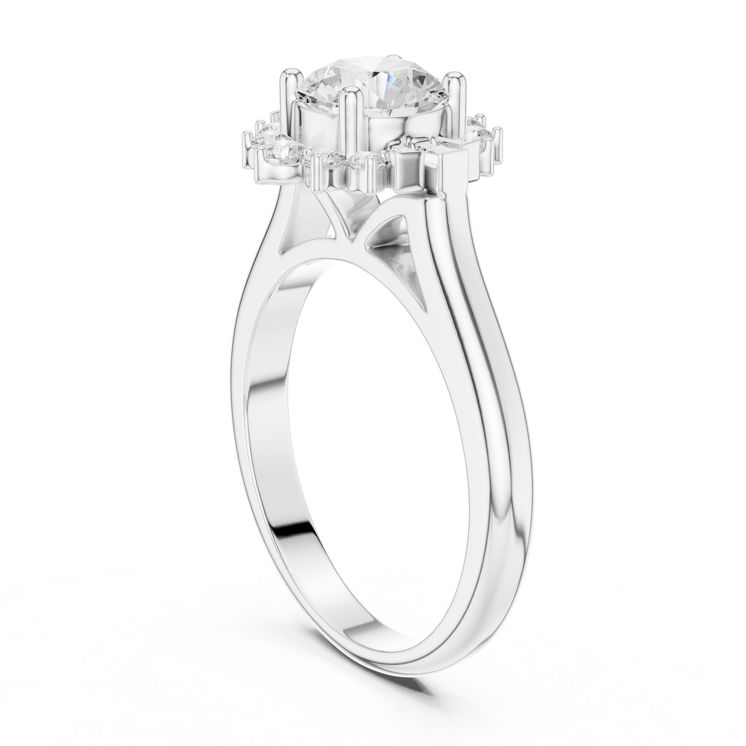 round center diamond ring with floral-inspired halo of round and baguette diamonds