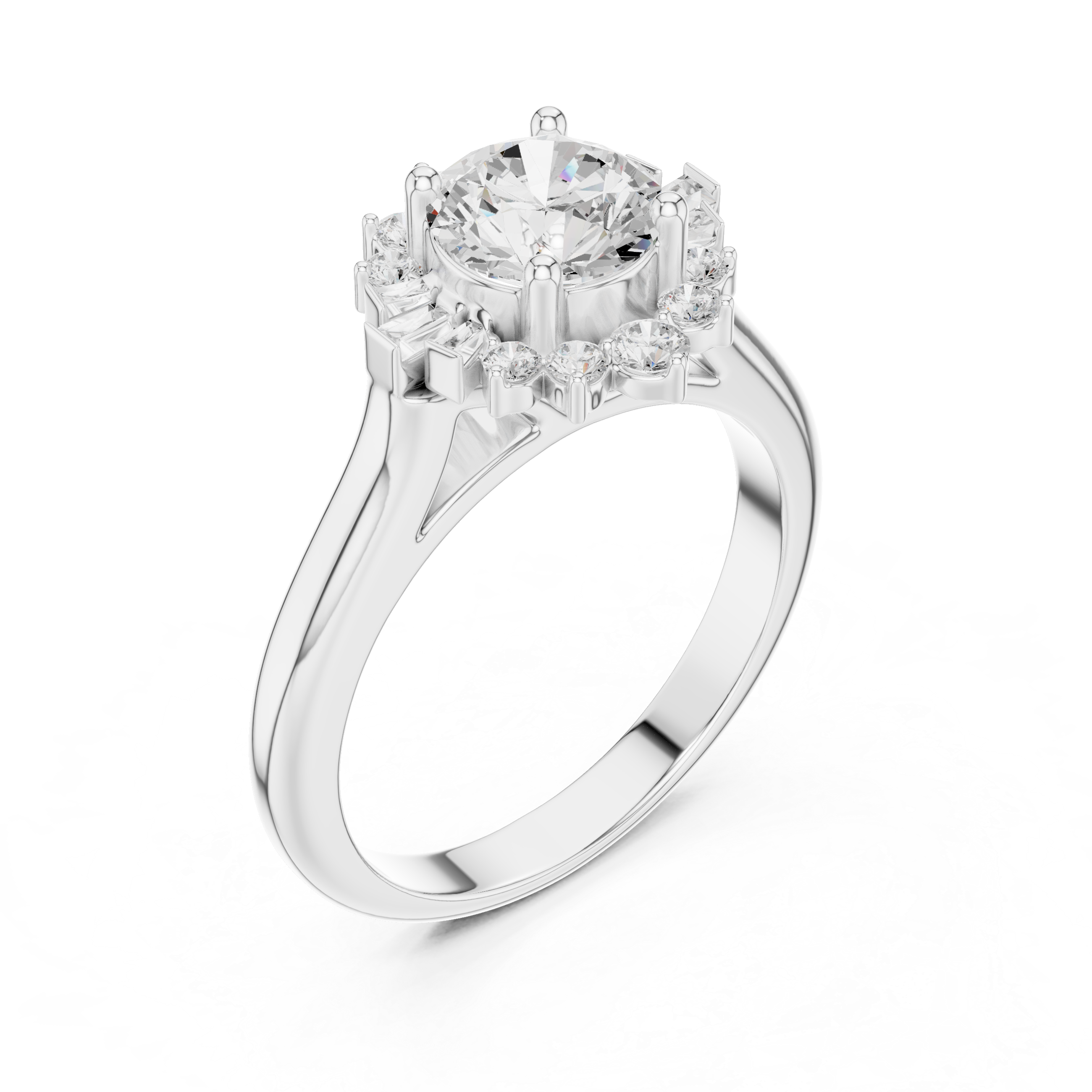 round center diamond ring with floral-inspired halo of round and baguette diamonds
