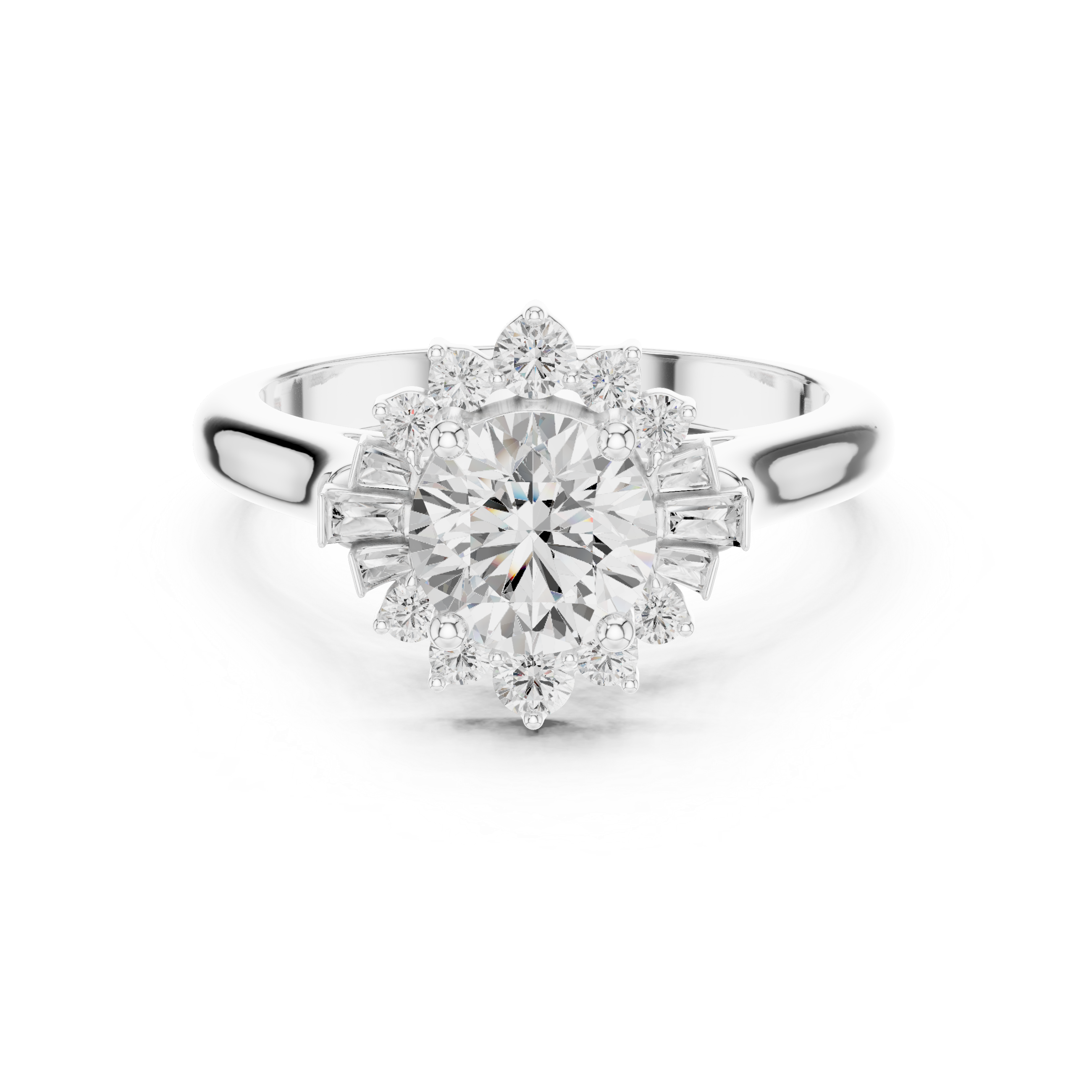 round center diamond ring with floral-inspired halo of round and baguette diamonds
