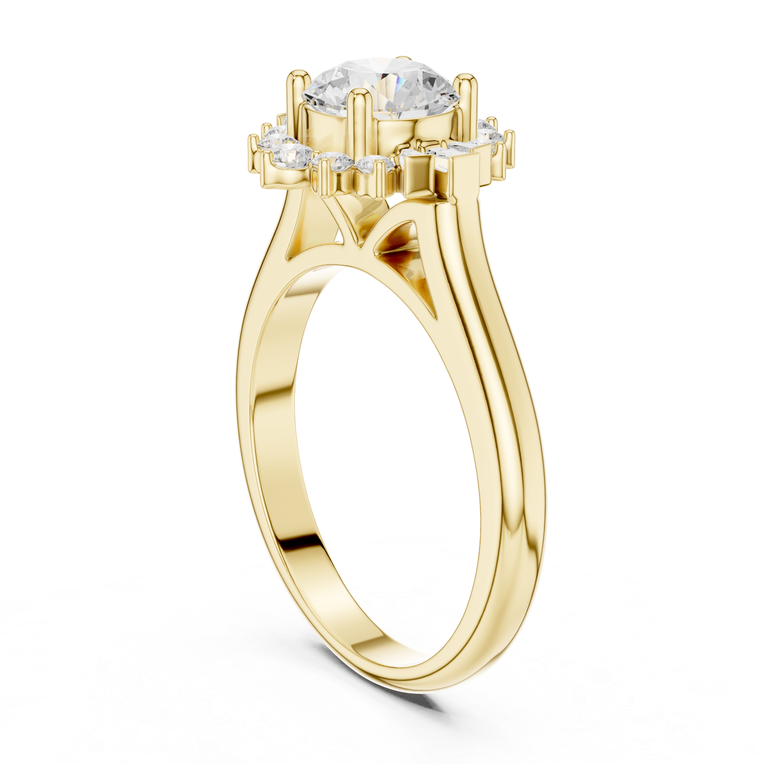 round center diamond ring with floral-inspired halo of round and baguette diamonds