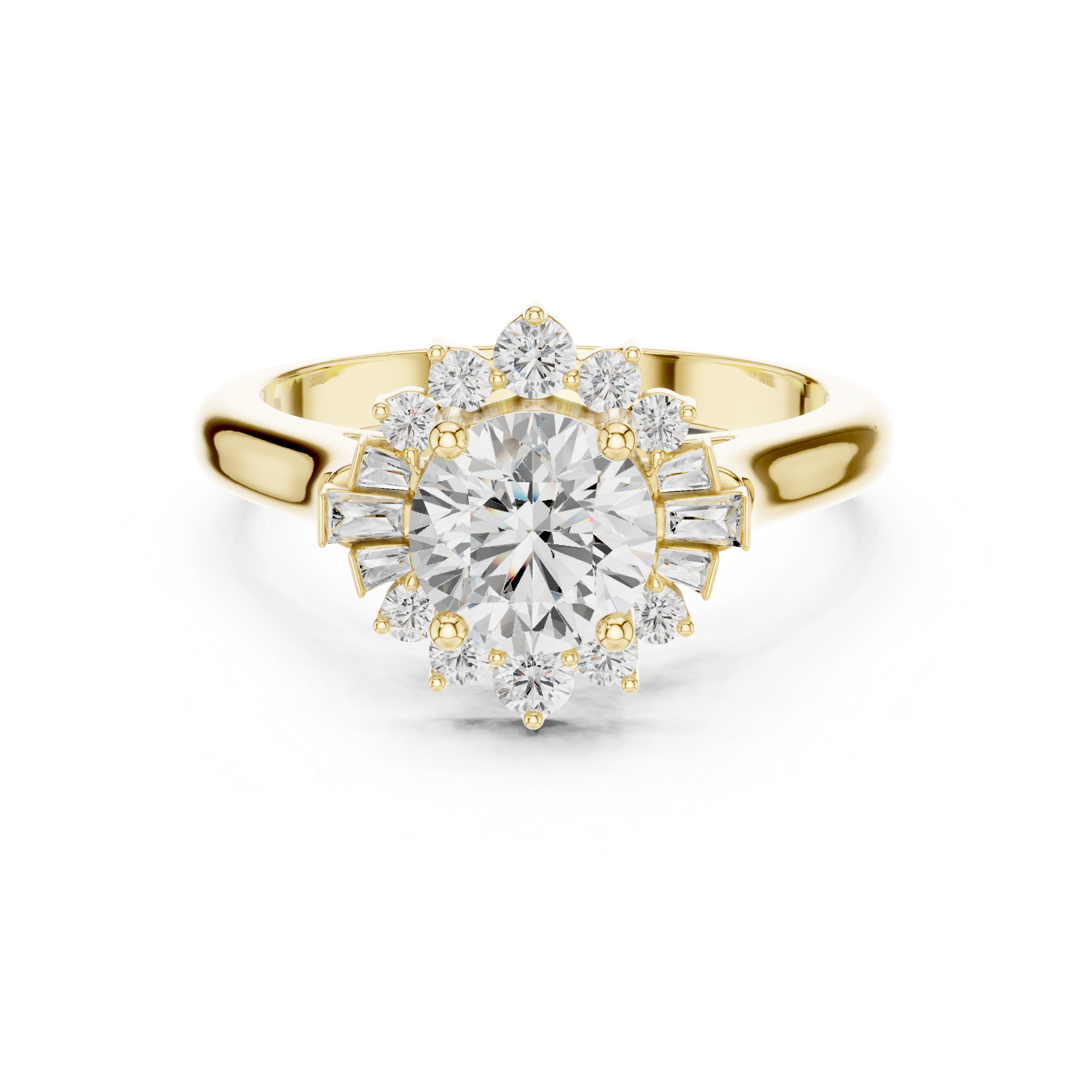 round center diamond ring with floral-inspired halo of round and baguette diamonds
