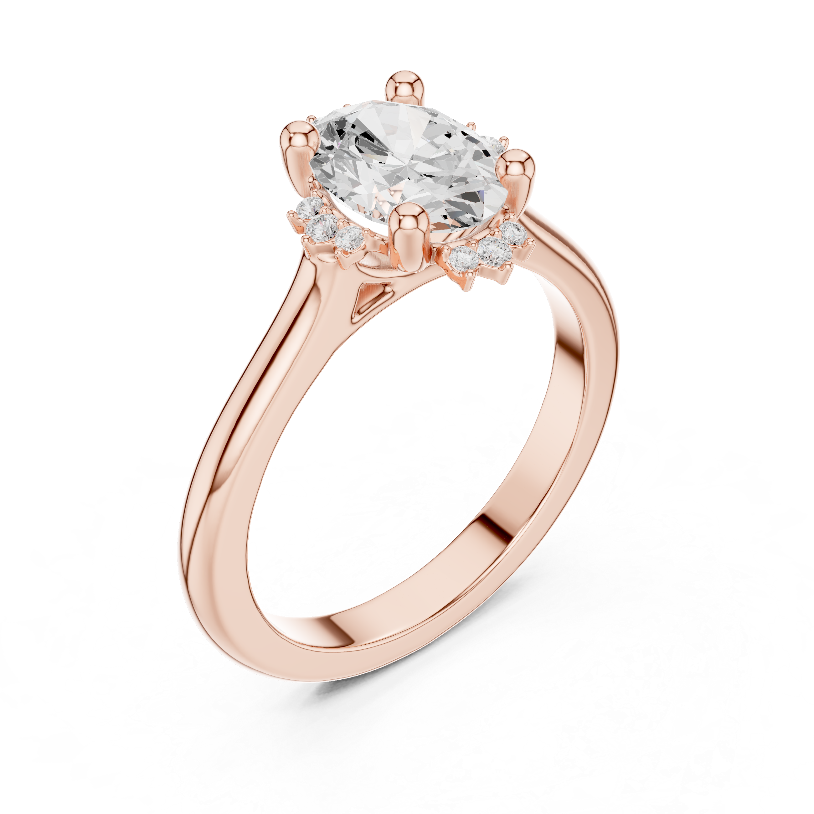 Oval cut diamond ring with a sleek band and sparkling side accents.