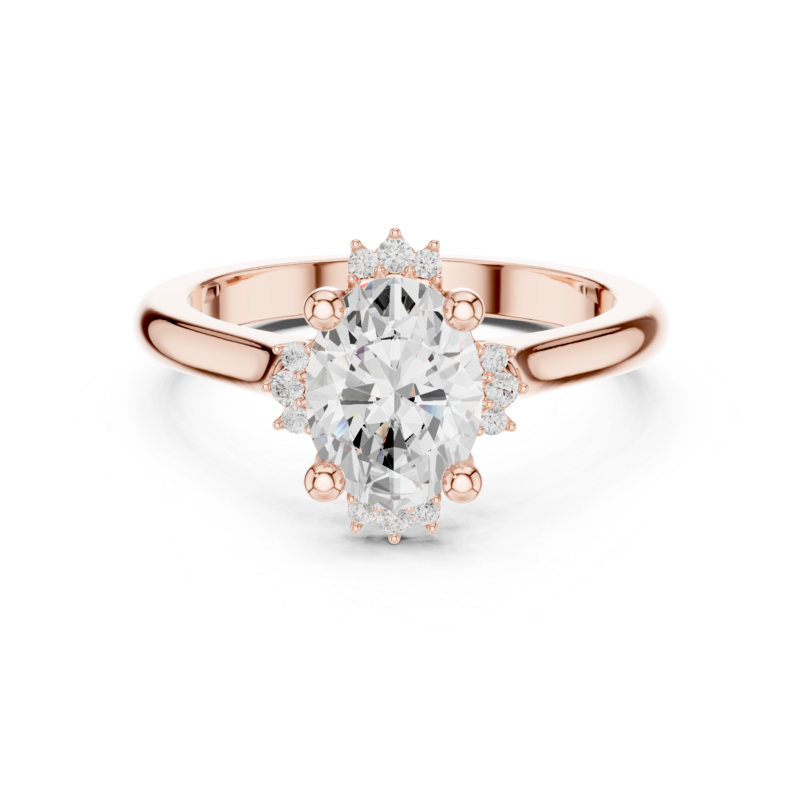 Oval cut diamond ring with a sleek band and sparkling side accents.